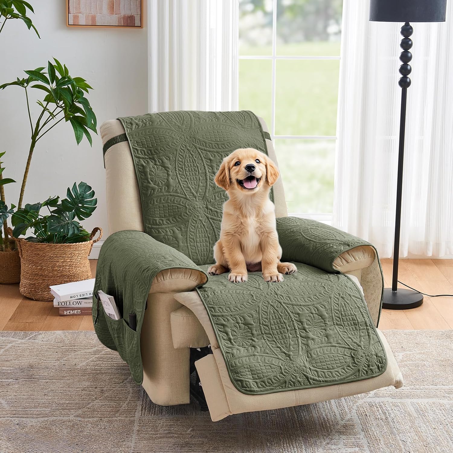 Beige Quilted Recliner Covers, Water-Repellent Recliner Slipcovers, Lazy Boy Chair Covers, Pet Friendly Recliner Cover for Dogs Cats, Washable Furniture Protector (Recliner 22", Beige Cream)