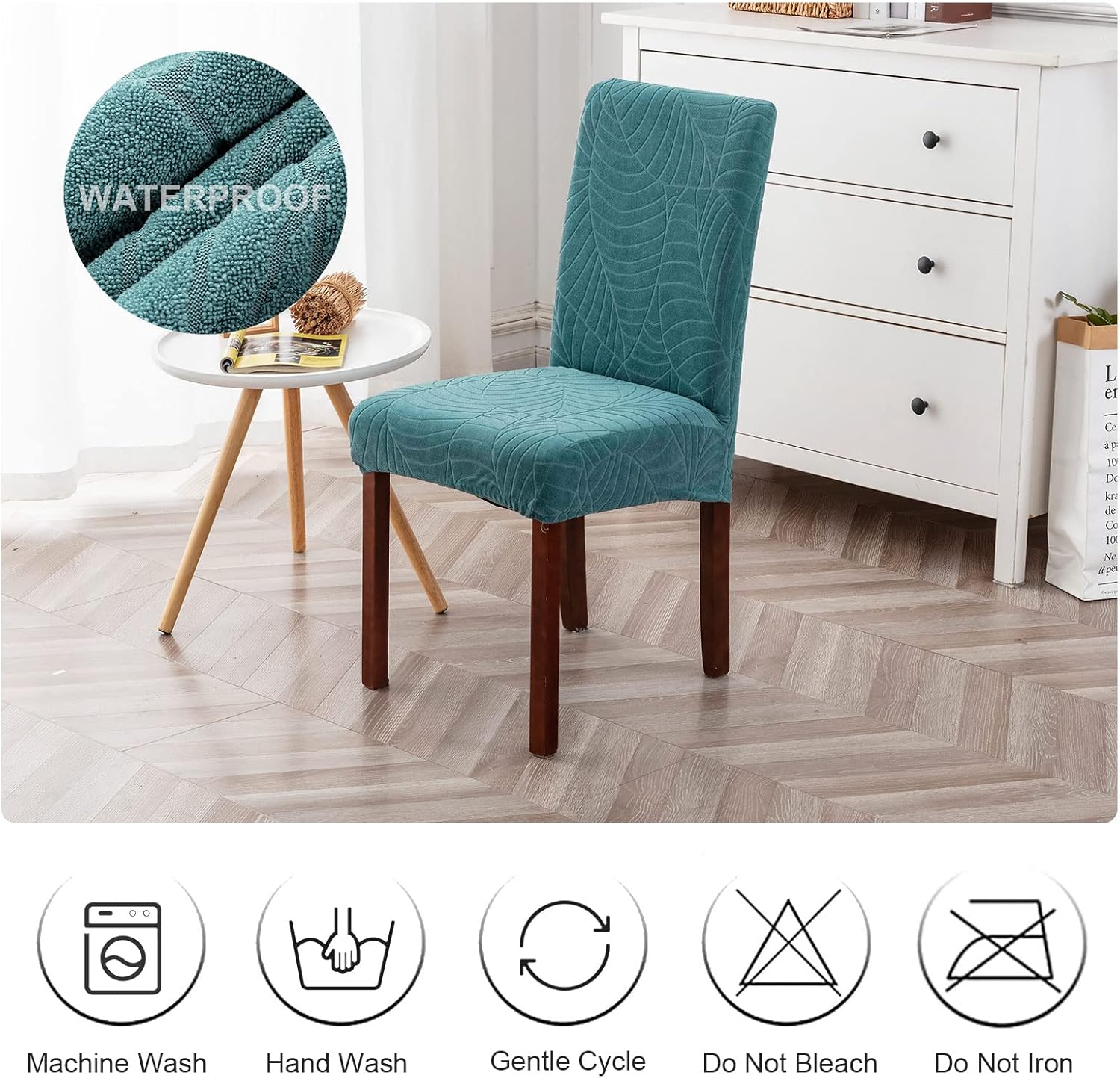 Genina 100% Waterproof Chair Covers for Dining Room Set of 4, Stretch Parson Chair Slipcovers for Kitchen Chairs, Washable Chair Protectors, Leaves-Warm Gray