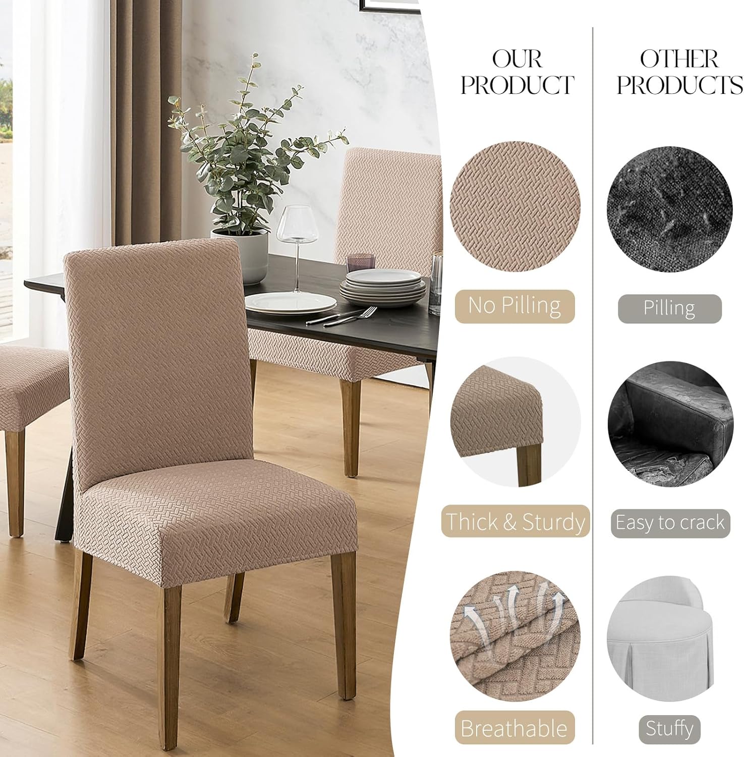 MOSAYT 100% Waterproof Dining Room Chair Covers Set of 4, Super Fit Stretch Jacquard Parson Chairs Slipcovers Removable Washable Chair Seat Protectors for Home, Kitchen, Banquet (Beige)