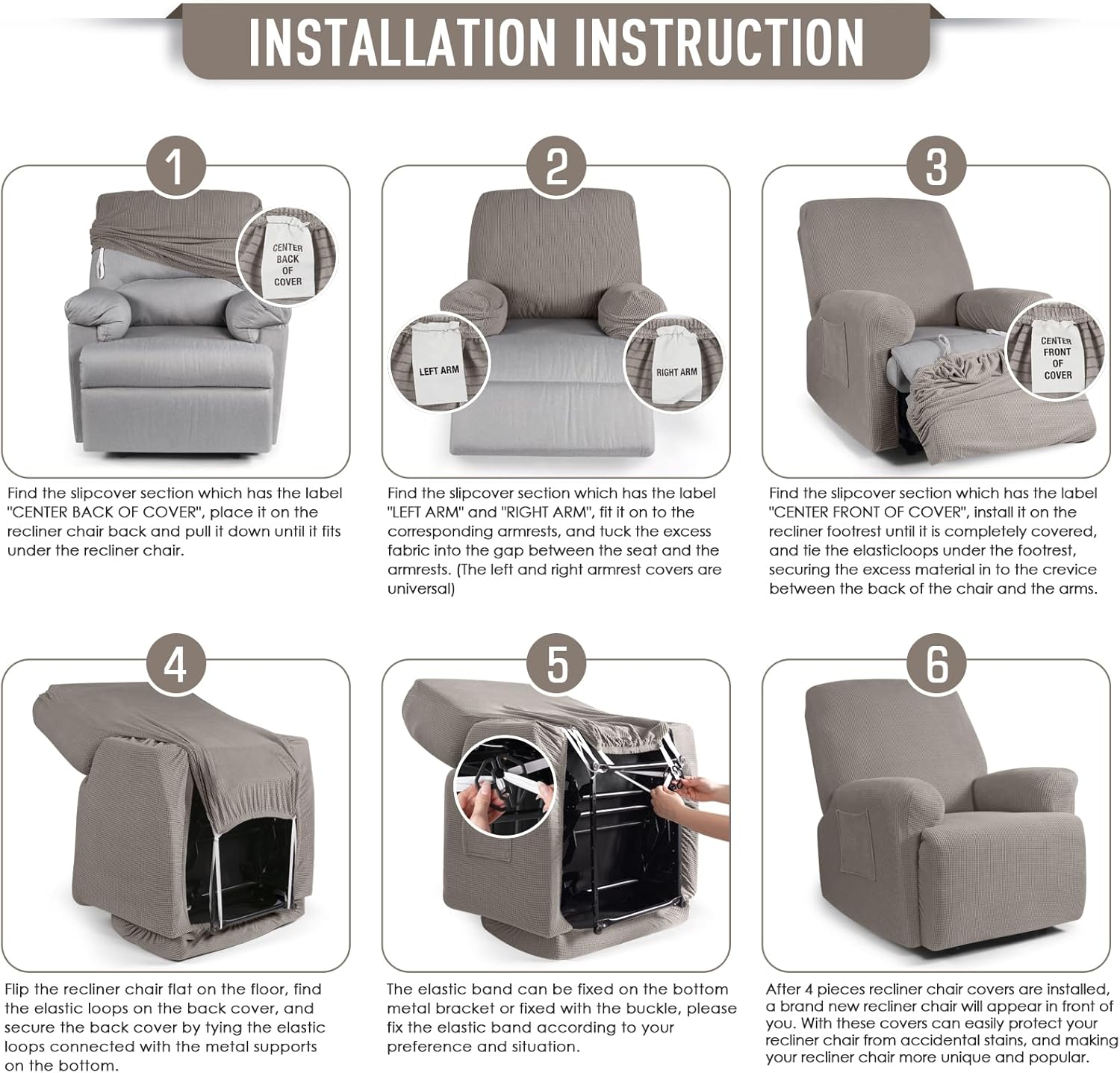 TAOCOCO Recliner Cover 4-Pieces, Recliner Stretch Sofa Slipcover, Recliner Cover 1 Seat, Couch Protector Soft, Furniture Protector Covers with Elastic,Chair Covers Jacquard Pattern (Grey)