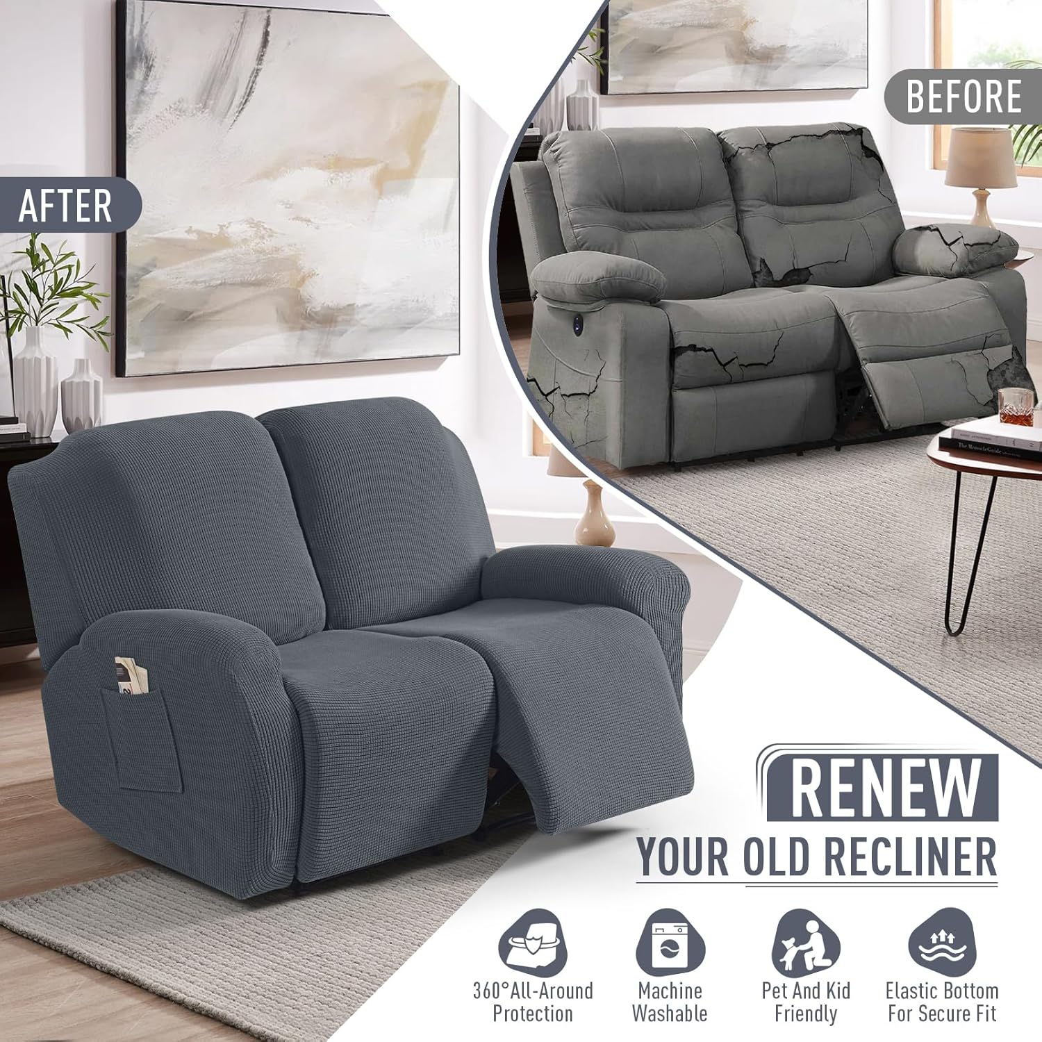 TAOCOCO Recliner Cover 4-Pieces, Recliner Stretch Sofa Slipcover, Recliner Cover 1 Seat, Couch Protector Soft, Furniture Protector Covers with Elastic,Chair Covers Jacquard Pattern (Grey)