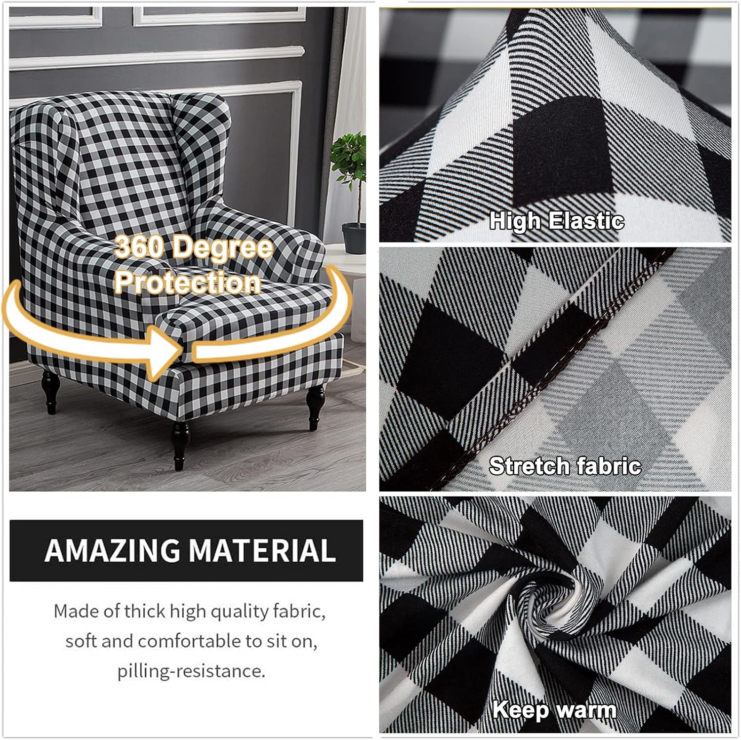 Wing Chair Slipcovers 2 Pieces Stretch Spandex Wingback Chair Covers Sofa Slipcover Printing Wingback Armchair Slipcovers Furniture Protector Couch Soft with Elastic Bottom for Wingback Chairs,12