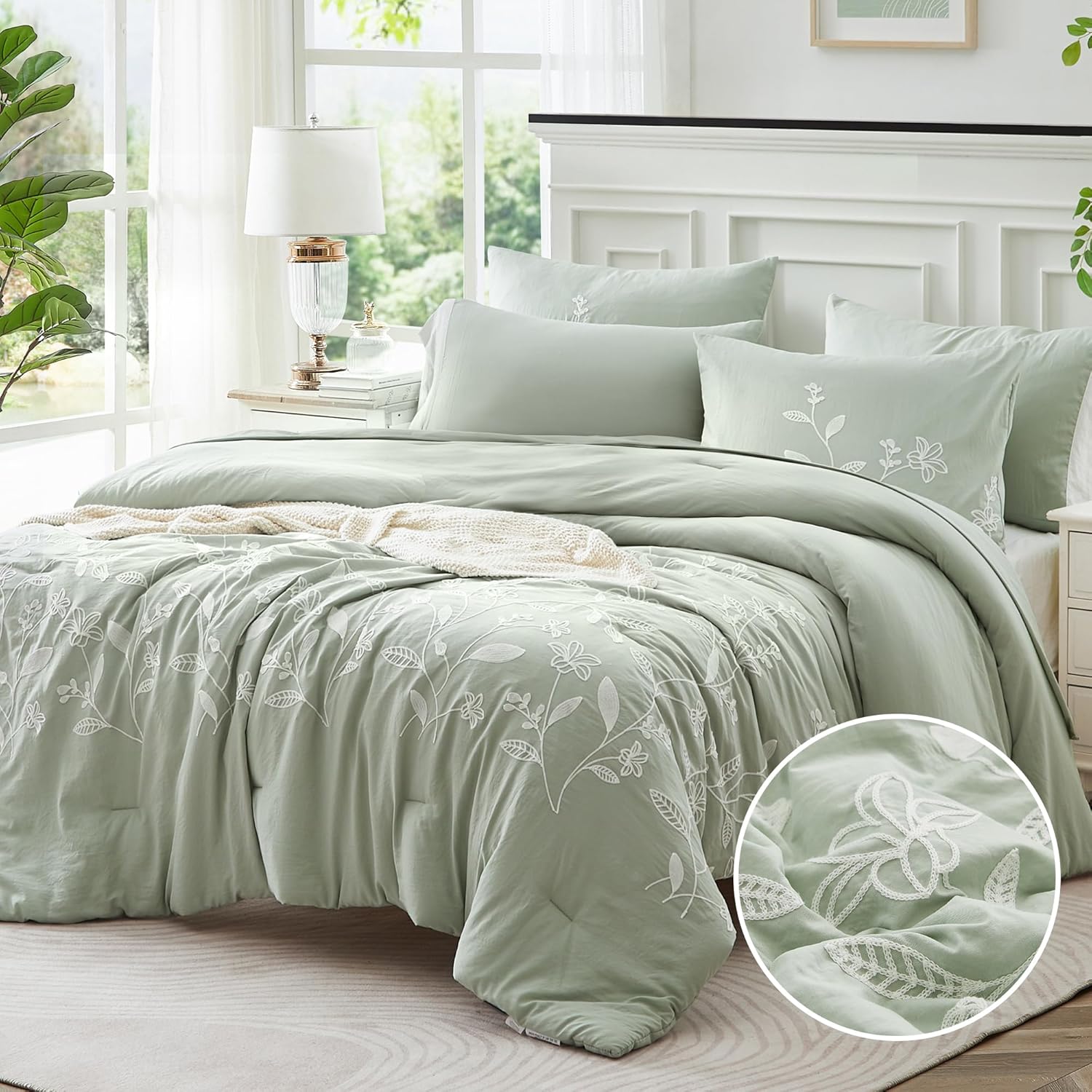 Olive Green Embroidery Comforters Set Queen Size