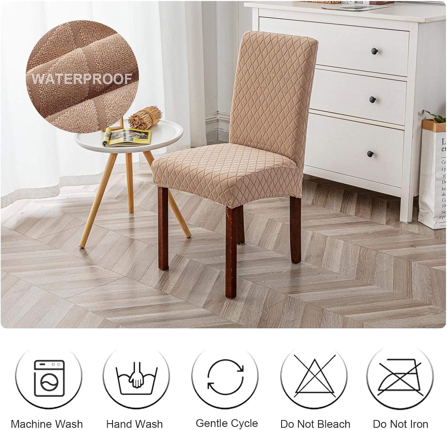 Genina 100% Waterproof Chair Covers for Dining Room Set of 4, Stretch Parson Chair Slipcovers for Kitchen Chairs, Washable Chair Protectors, Leaves-Warm Gray