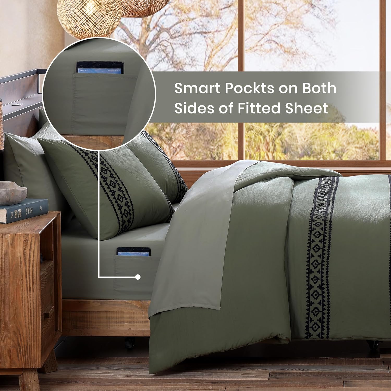 Olive Green Embroidery Comforters Set Queen Size