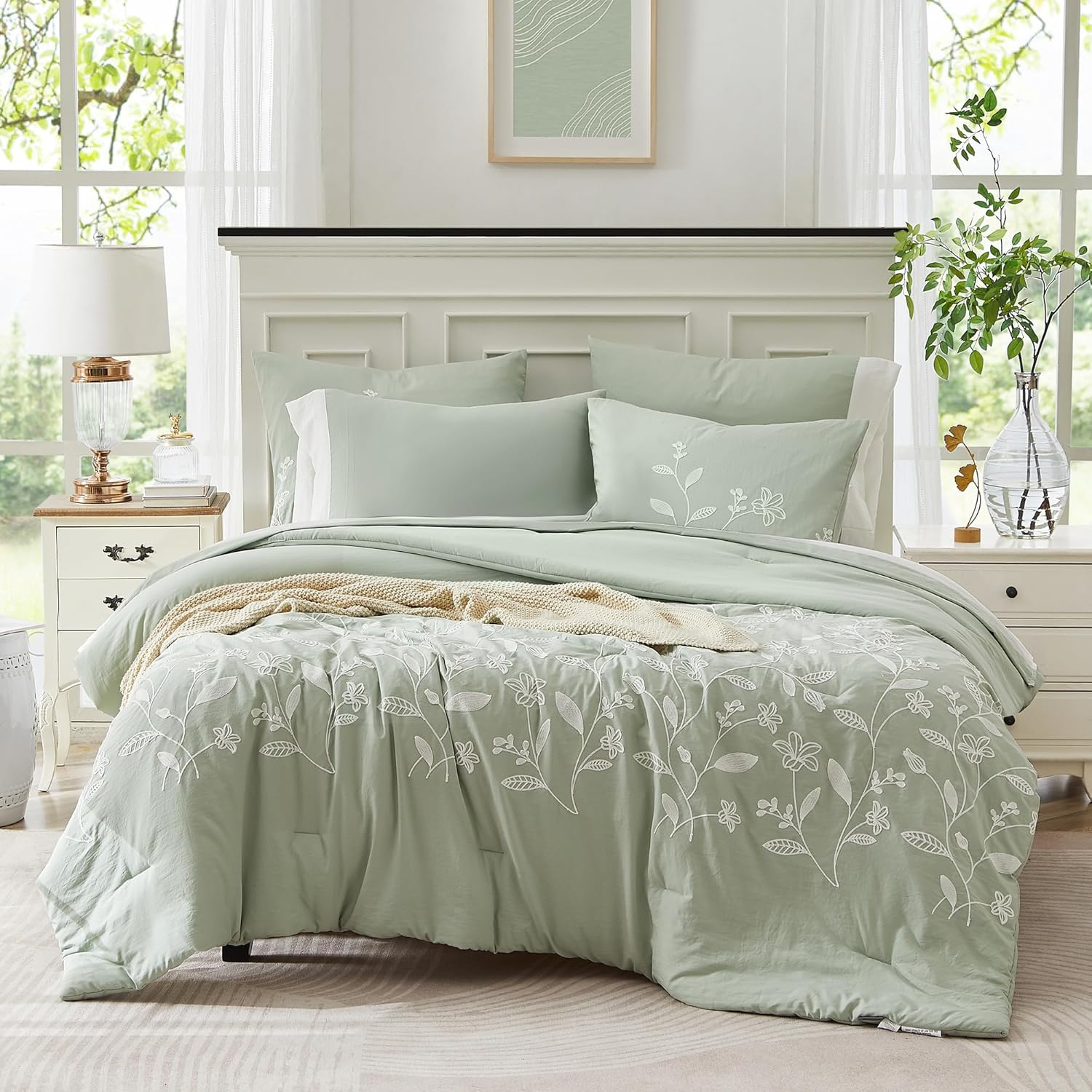 Olive Green Embroidery Comforters Set Queen Size