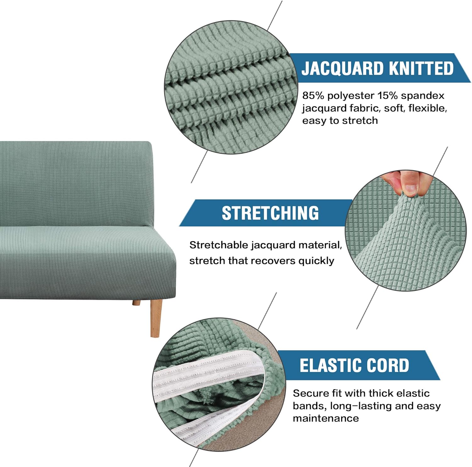 H.VERSAILTEX Armless Futon Cover Stretch Sofa Bed Slipcover Protector Elastic Feature Rich Textured High Spandex Small Checks Jacquard Fabric Futon Cover, Machine Washable, Gray