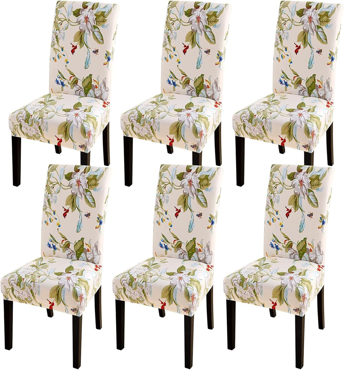 SearchI Chair Covers Slipcovers Set of 4, Spandex Super Fit Stretch Removable Washable Kitchen Parsons Protector for Dining Room,Hotel,Ceremony,Beige+Flowers