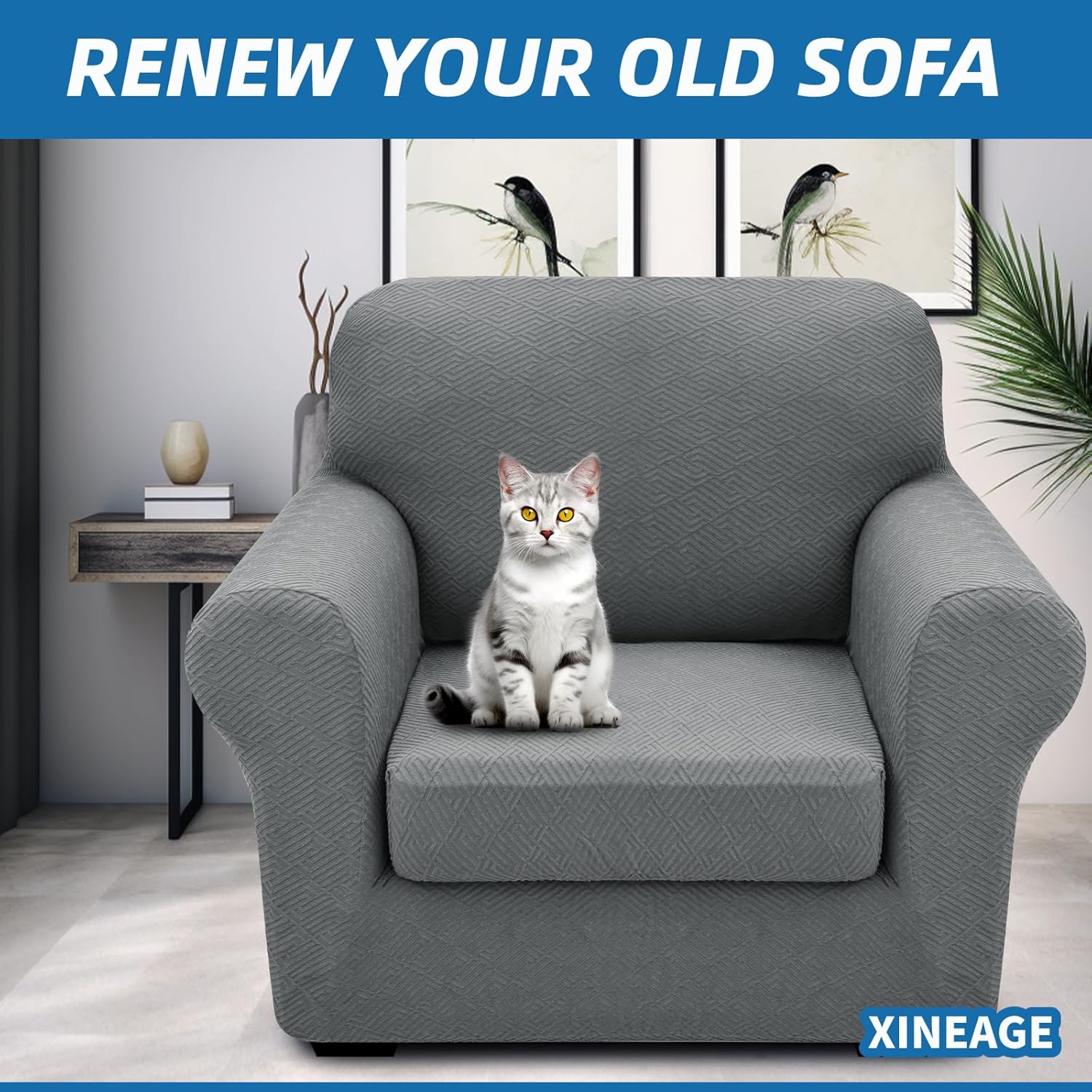 XINEAGE 2025 New 2 Pieces Chair Covers with Arms Super Stretch Chair Slipcover for Living Room Pet Dog Universal Slip Cover Anti Slip Armchair Furniture Protector (Light Gray), 31"-46"(1 Cushion)