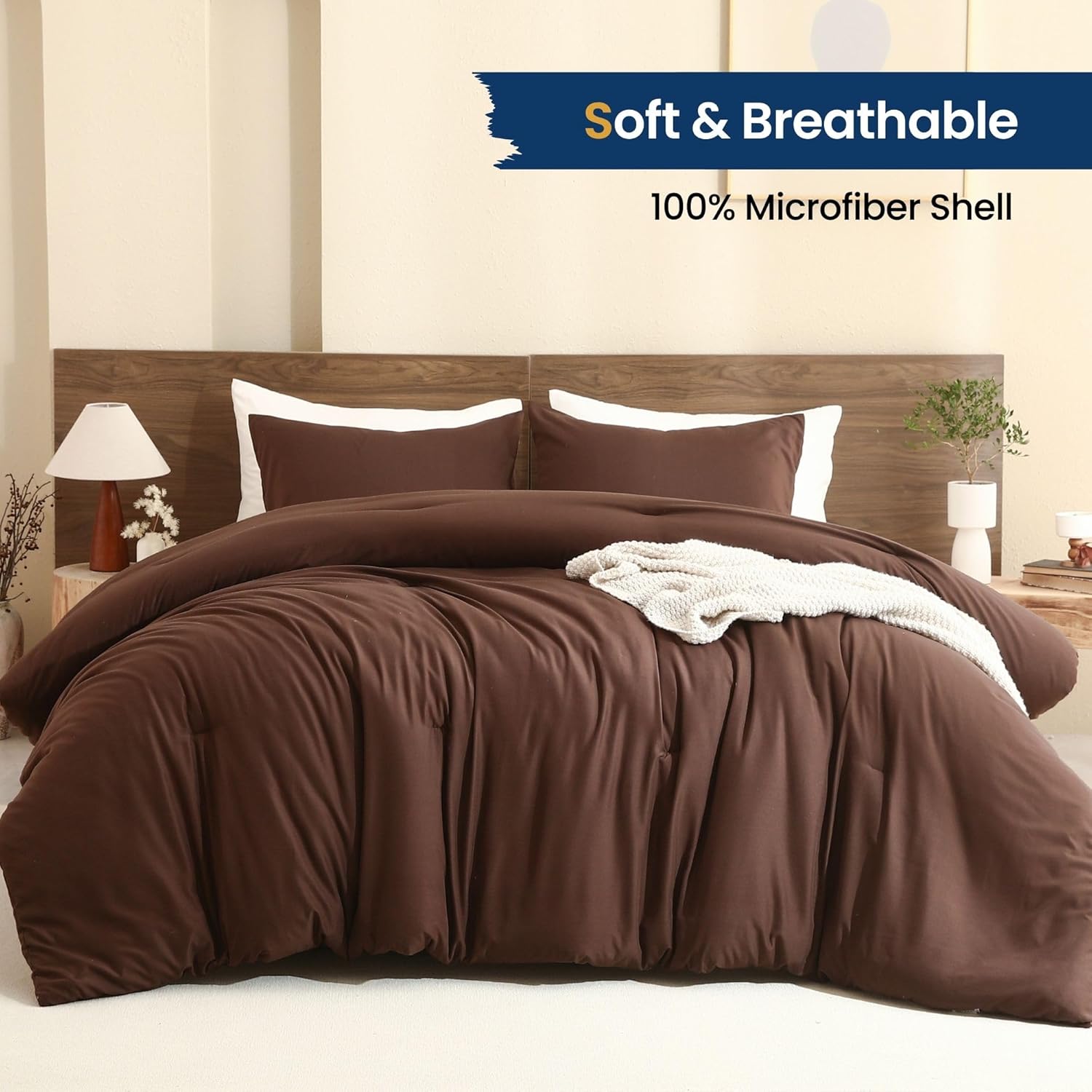Earthy Brown Comforter Queen Size, Neutral 3 Pieces Comforter Set