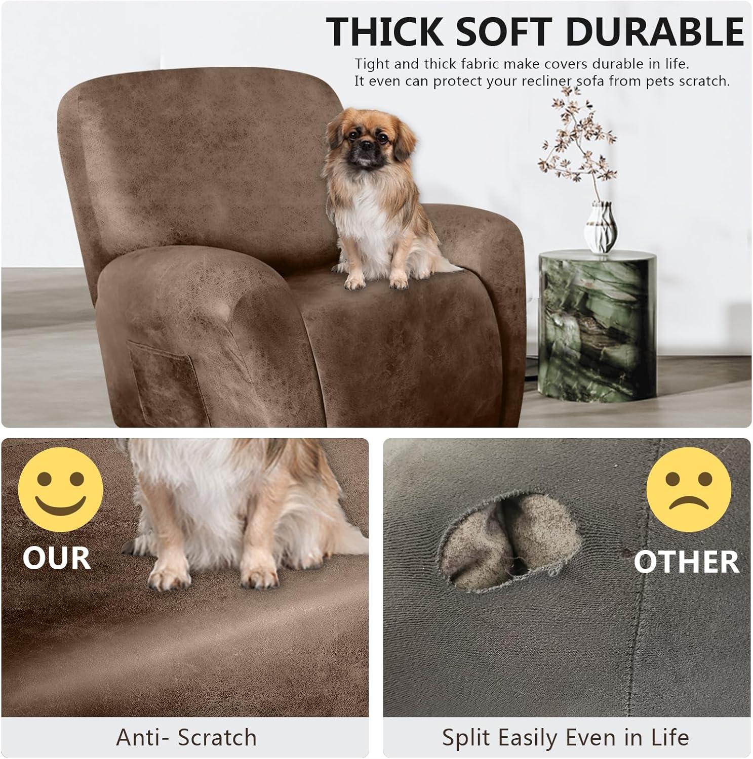 Leather Like Recliner Chair Covers Heavy Duty, 4 Pieces Lazy Boy Recliner Cover for Recliner Chair, Leather Cover for Recliner slipcovers Washable for Pets (Dark Brown)