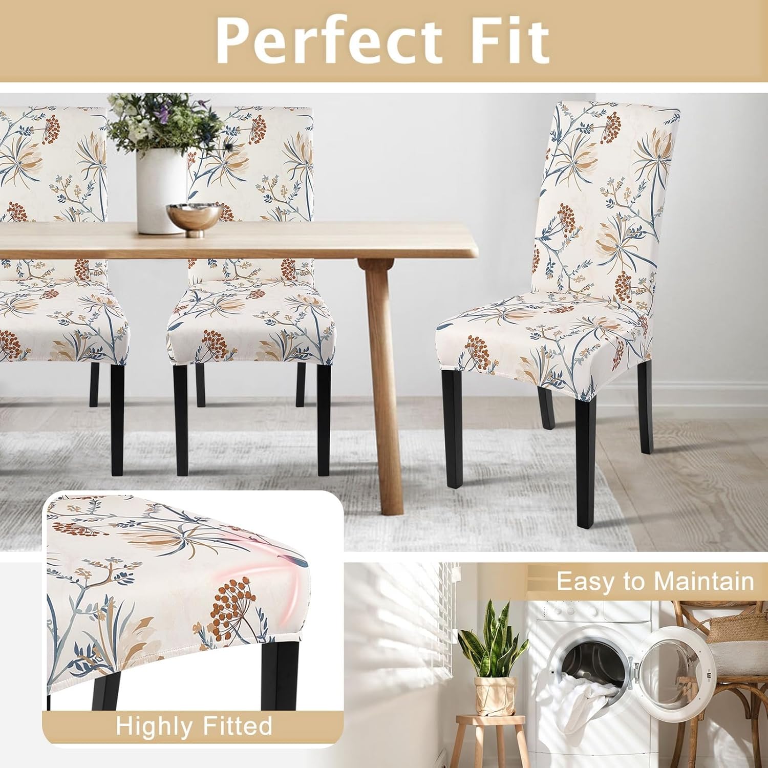 SearchI Chair Covers Slipcovers Set of 4, Spandex Super Fit Stretch Removable Washable Kitchen Parsons Protector for Dining Room,Hotel,Ceremony,Beige+Flowers