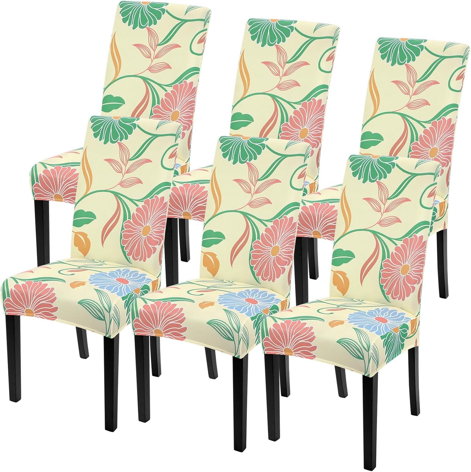 SearchI Chair Covers Slipcovers Set of 4, Spandex Super Fit Stretch Removable Washable Kitchen Parsons Protector for Dining Room,Hotel,Ceremony,Beige+Flowers