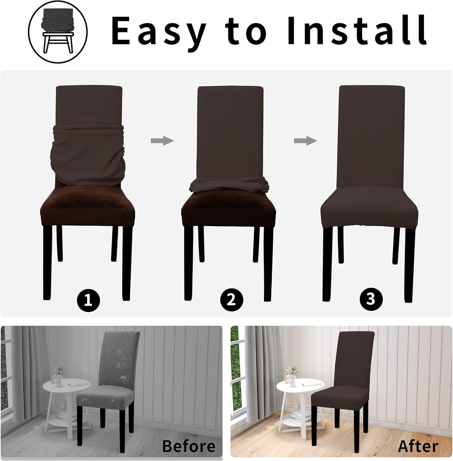 Easy-Going 100% Waterproof Dining Room Chair Cover Set of 6, Stretch Jacquard Parson Chair Slipcover Removable Washable Chair Protector for Home, Restaurant, Banquet (Large, Light Gray)