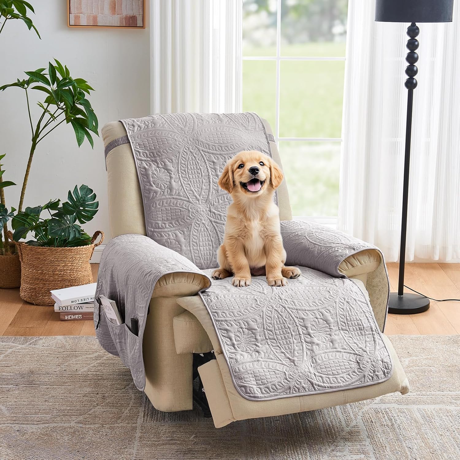 Beige Quilted Recliner Covers, Water-Repellent Recliner Slipcovers, Lazy Boy Chair Covers, Pet Friendly Recliner Cover for Dogs Cats, Washable Furniture Protector (Recliner 22", Beige Cream)