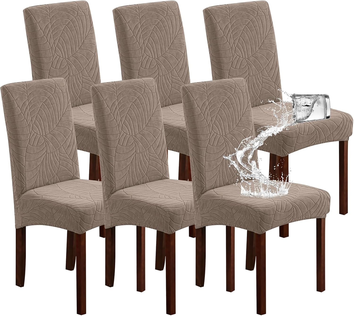 Genina 100% Waterproof Chair Covers for Dining Room Set of 4, Stretch Parson Chair Slipcovers for Kitchen Chairs, Washable Chair Protectors, Leaves-Warm Gray