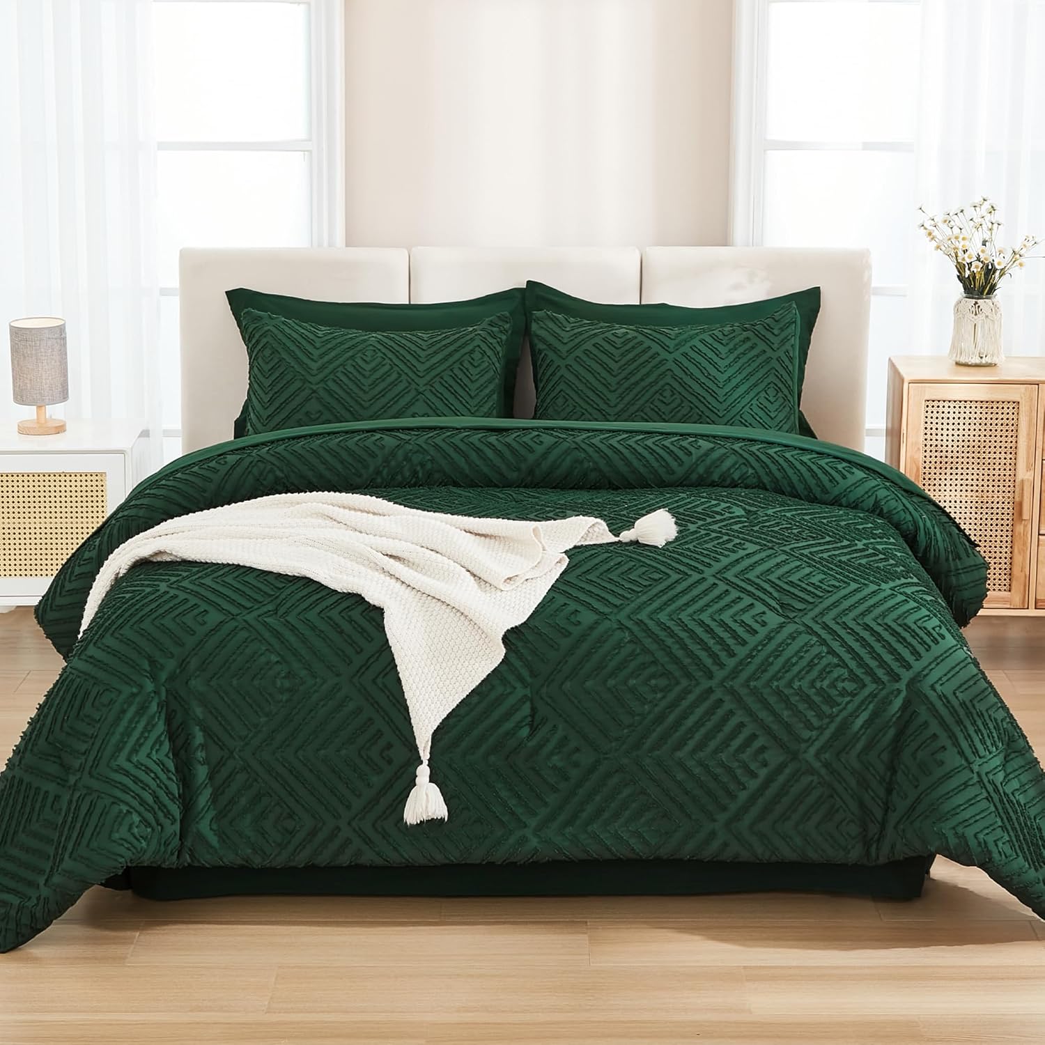 Andency King Size Comforter Set 7 Pieces Dark Emerald Green - Bed in a Bag King Boho Lightweight Fluffy Tufted Bedding Sets with Quilt Comforter, Sheets, Pillowcases & Shams