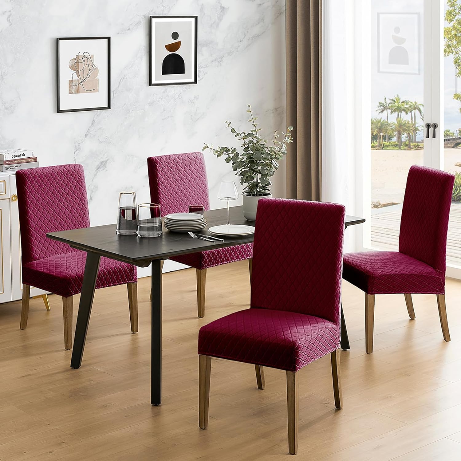 MOSAYT 100% Waterproof Dining Room Chair Covers Set of 4, Super Fit Stretch Jacquard Parson Chairs Slipcovers Removable Washable Chair Seat Protectors for Home, Kitchen, Banquet (Beige)