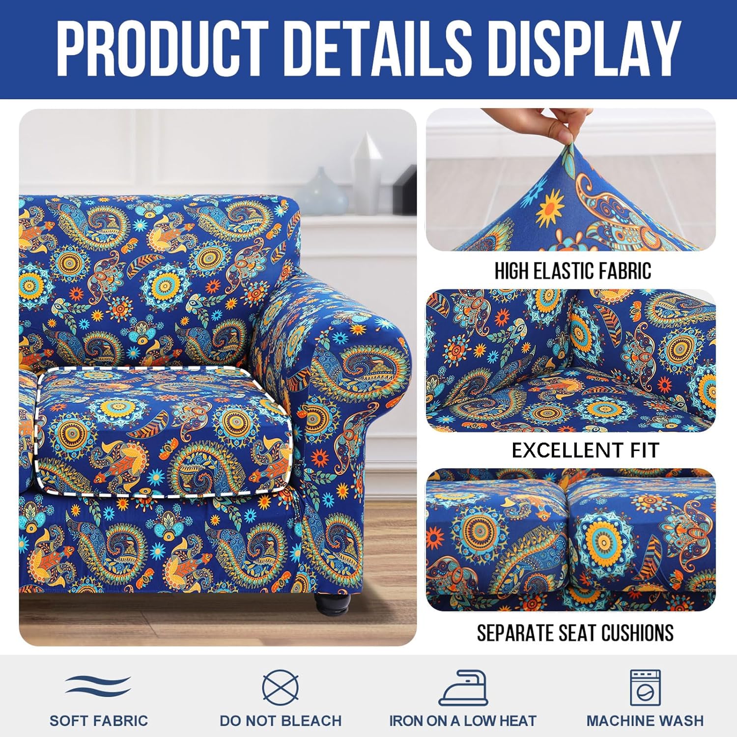 hyha Couch Covers, Chair/Sofa Covers, Floral Pattern, Stretch, Printed, 2 Pieces, Armchair Slipcover, Separate Couch Cushion Slipcover, Furniture Protector for Dogs(Armchair, Paisley Floral)