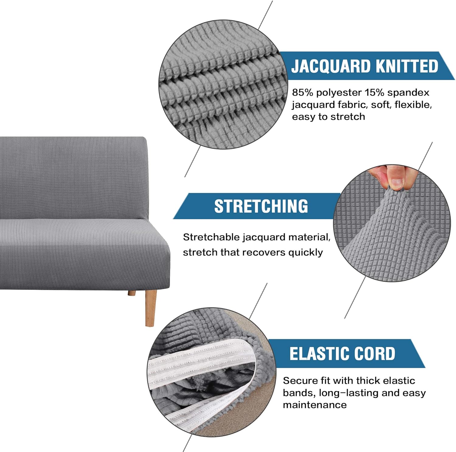 H.VERSAILTEX Armless Futon Cover Stretch Sofa Bed Slipcover Protector Elastic Feature Rich Textured High Spandex Small Checks Jacquard Fabric Futon Cover, Machine Washable, Gray