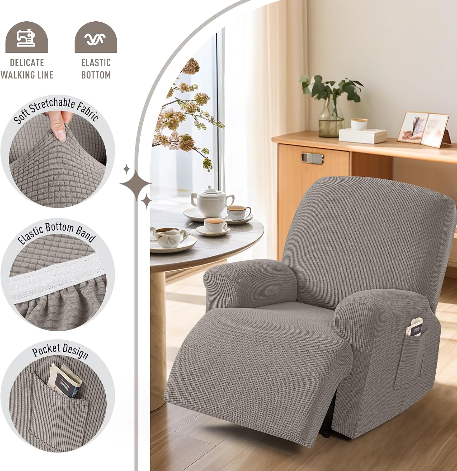 TAOCOCO Recliner Cover 4-Pieces, Recliner Stretch Sofa Slipcover, Recliner Cover 1 Seat, Couch Protector Soft, Furniture Protector Covers with Elastic,Chair Covers Jacquard Pattern (Grey)