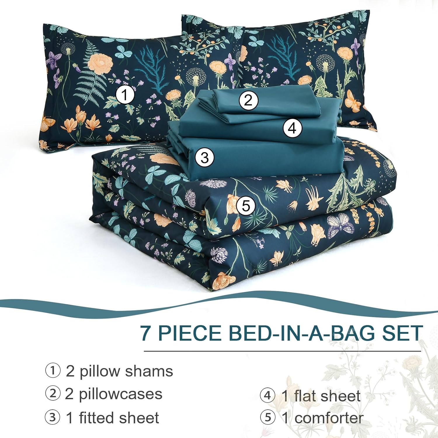 7 Piece Peacock Blue Floral Comforter Set King Size