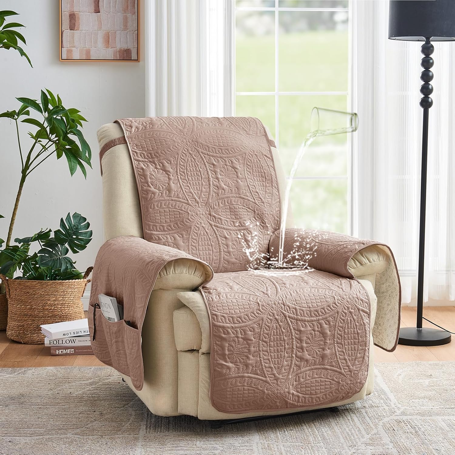 Beige Quilted Recliner Covers, Water-Repellent Recliner Slipcovers, Lazy Boy Chair Covers, Pet Friendly Recliner Cover for Dogs Cats, Washable Furniture Protector (Recliner 22", Beige Cream)