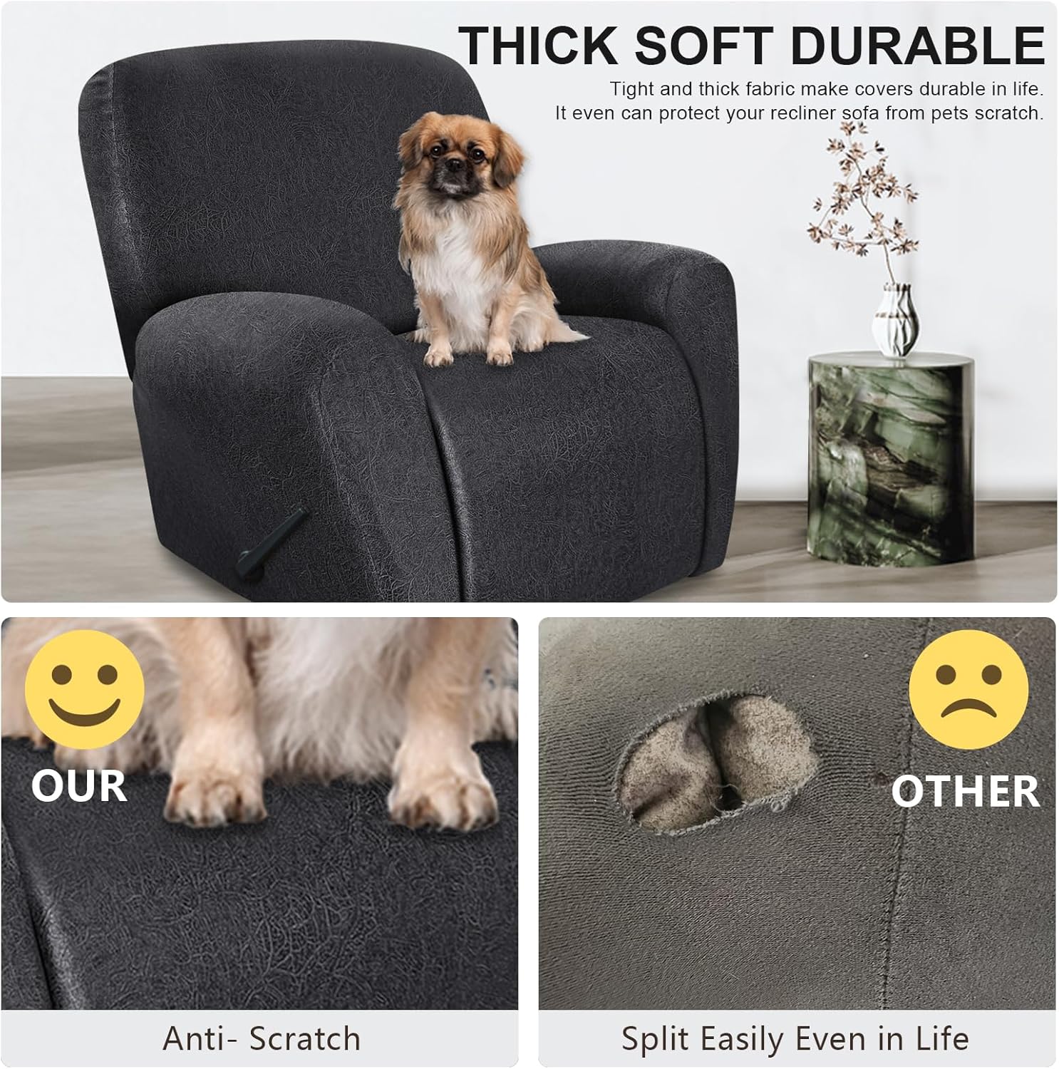 Leather Like Recliner Chair Covers Heavy Duty, 4 Pieces Lazy Boy Recliner Cover for Recliner Chair, Leather Cover for Recliner slipcovers Washable for Pets (Dark Brown)