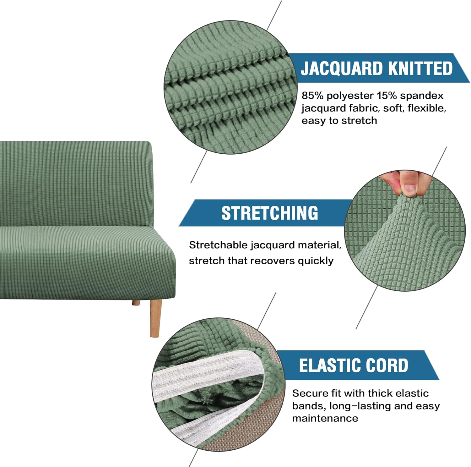 H.VERSAILTEX Armless Futon Cover Stretch Sofa Bed Slipcover Protector Elastic Feature Rich Textured High Spandex Small Checks Jacquard Fabric Futon Cover, Machine Washable, Gray