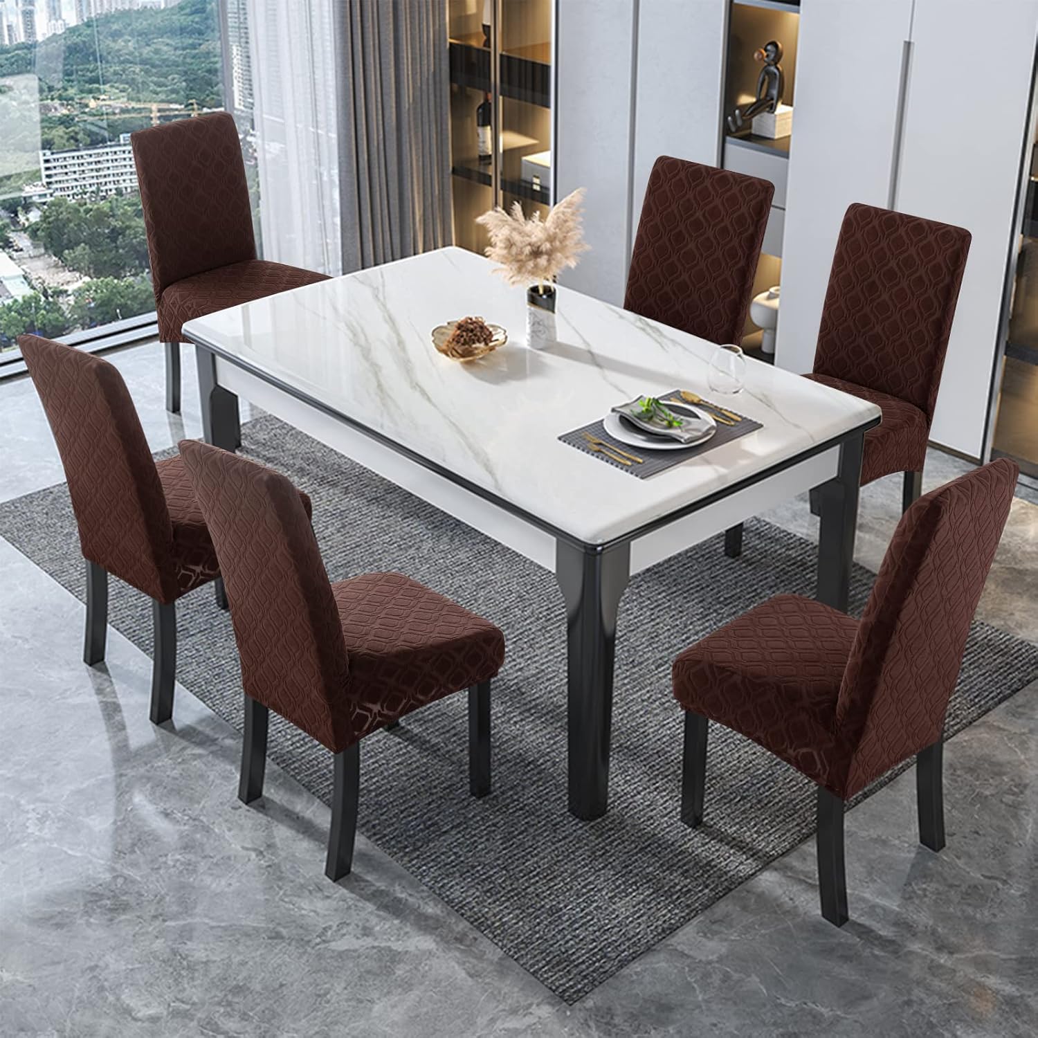 Genina 100% Waterproof Chair Covers for Dining Room Set of 4, Stretch Parson Chair Slipcovers for Kitchen Chairs, Washable Chair Protectors, Leaves-Warm Gray