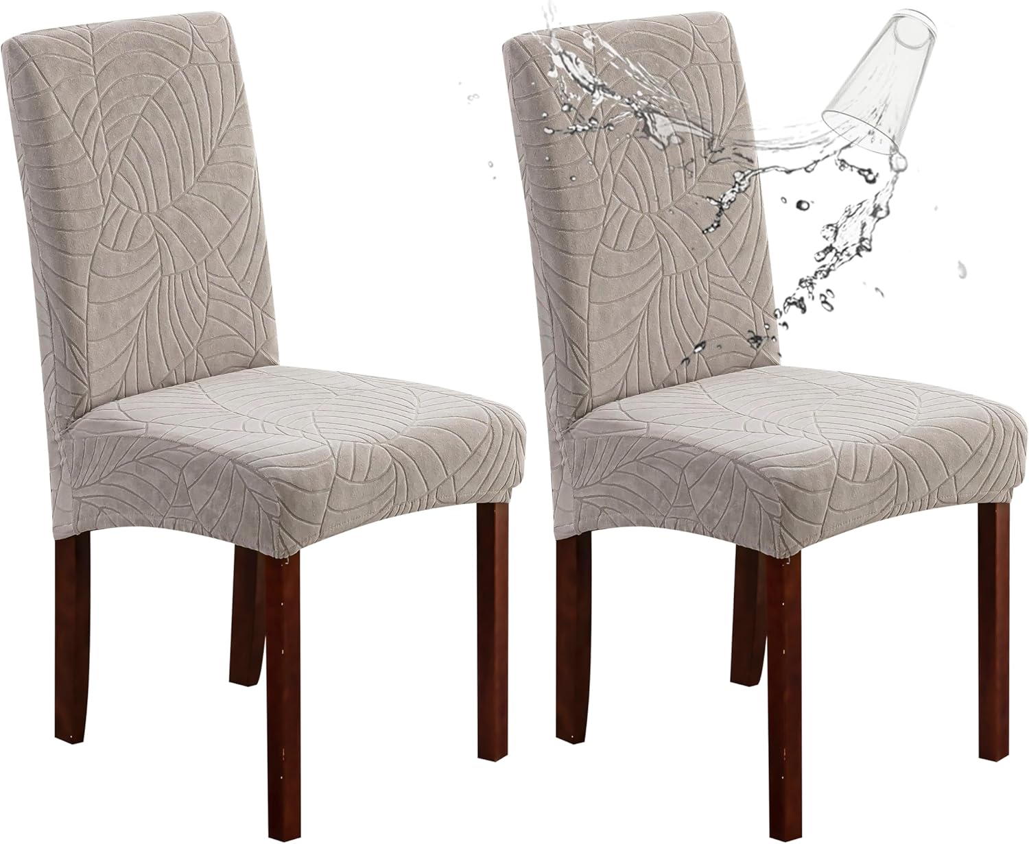 Genina 100% Waterproof Chair Covers for Dining Room Set of 4, Stretch Parson Chair Slipcovers for Kitchen Chairs, Washable Chair Protectors, Leaves-Warm Gray