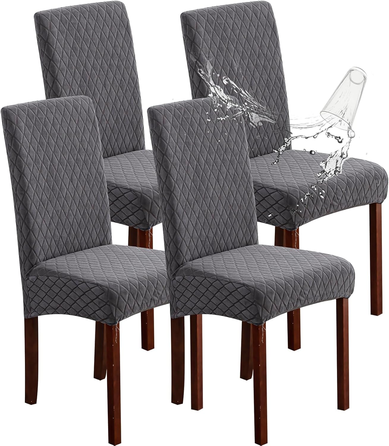 Genina 100% Waterproof Chair Covers for Dining Room Set of 4, Stretch Parson Chair Slipcovers for Kitchen Chairs, Washable Chair Protectors, Leaves-Warm Gray