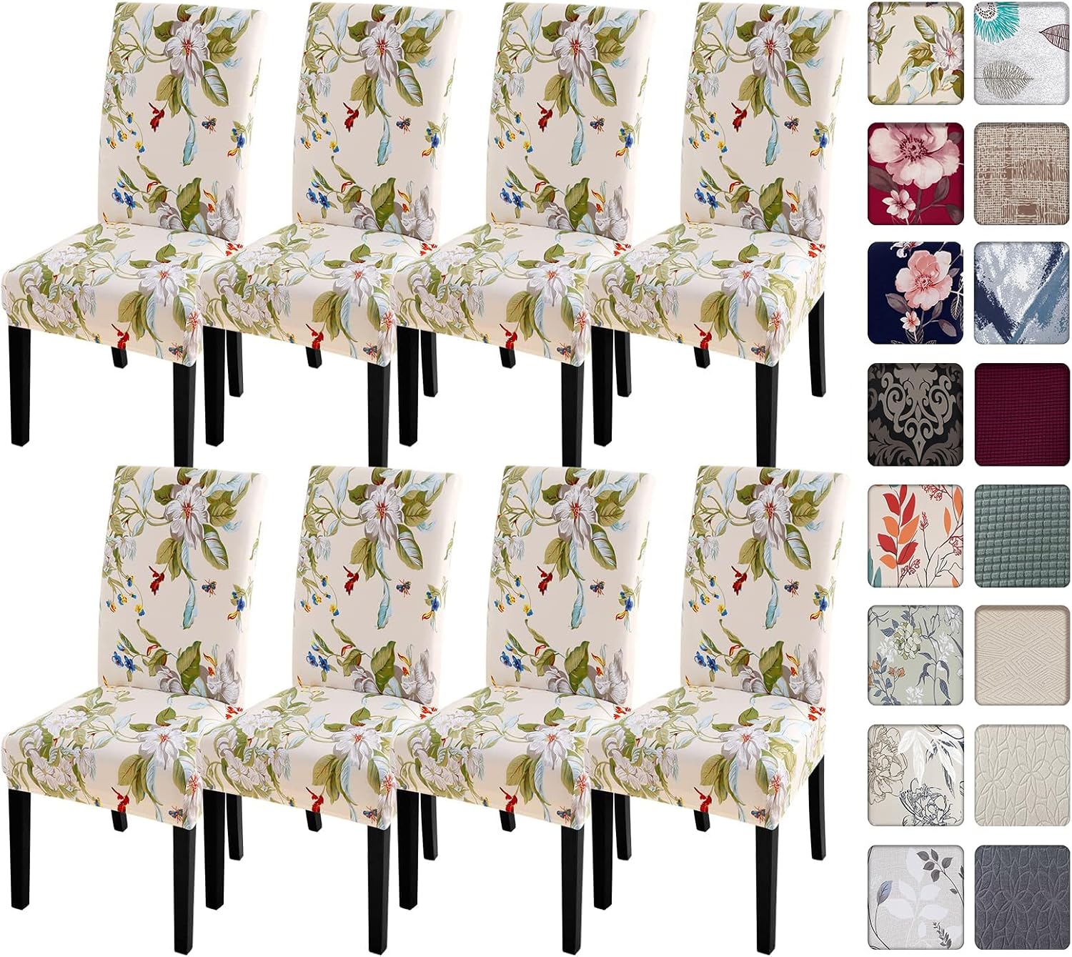 SearchI Chair Covers Slipcovers Set of 4, Spandex Super Fit Stretch Removable Washable Kitchen Parsons Protector for Dining Room,Hotel,Ceremony,Beige+Flowers