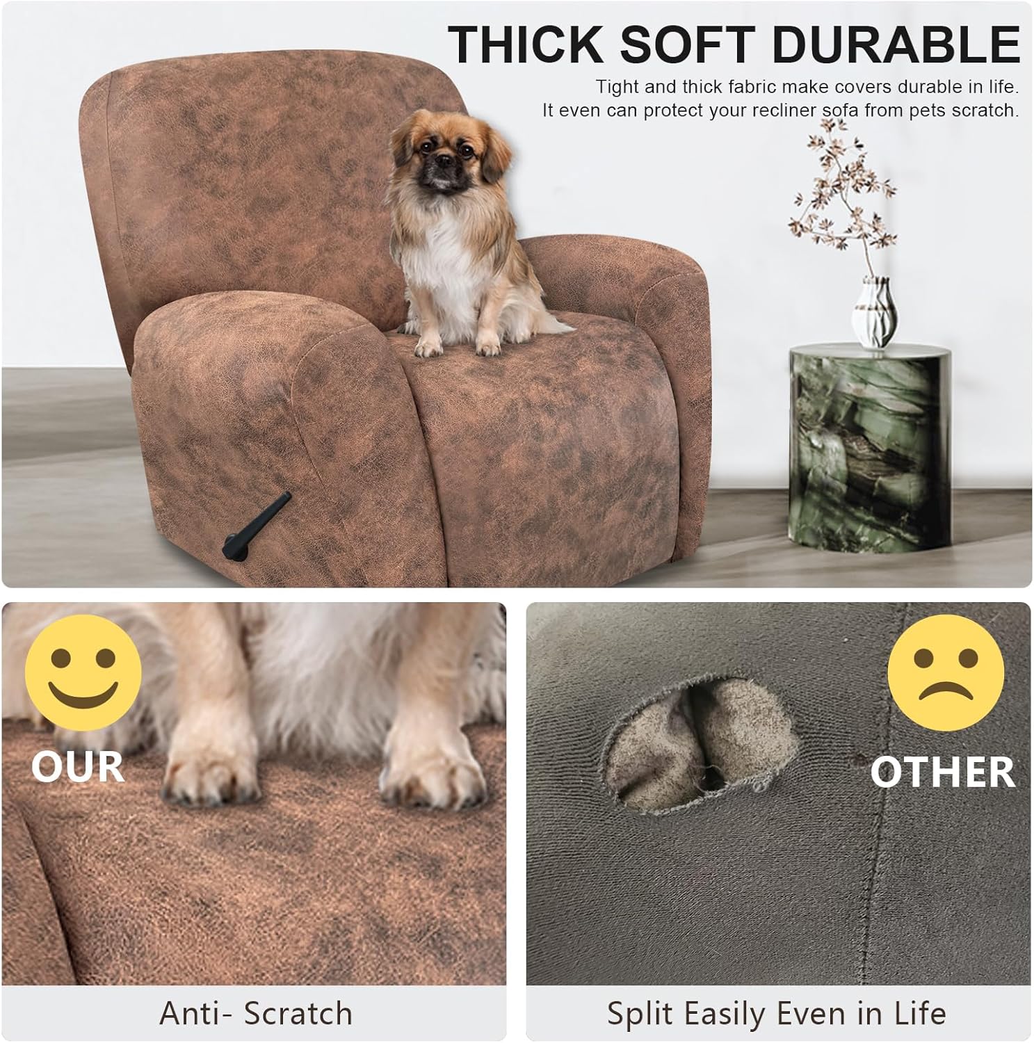 Leather Like Recliner Chair Covers Heavy Duty, 4 Pieces Lazy Boy Recliner Cover for Recliner Chair, Leather Cover for Recliner slipcovers Washable for Pets (Dark Brown)