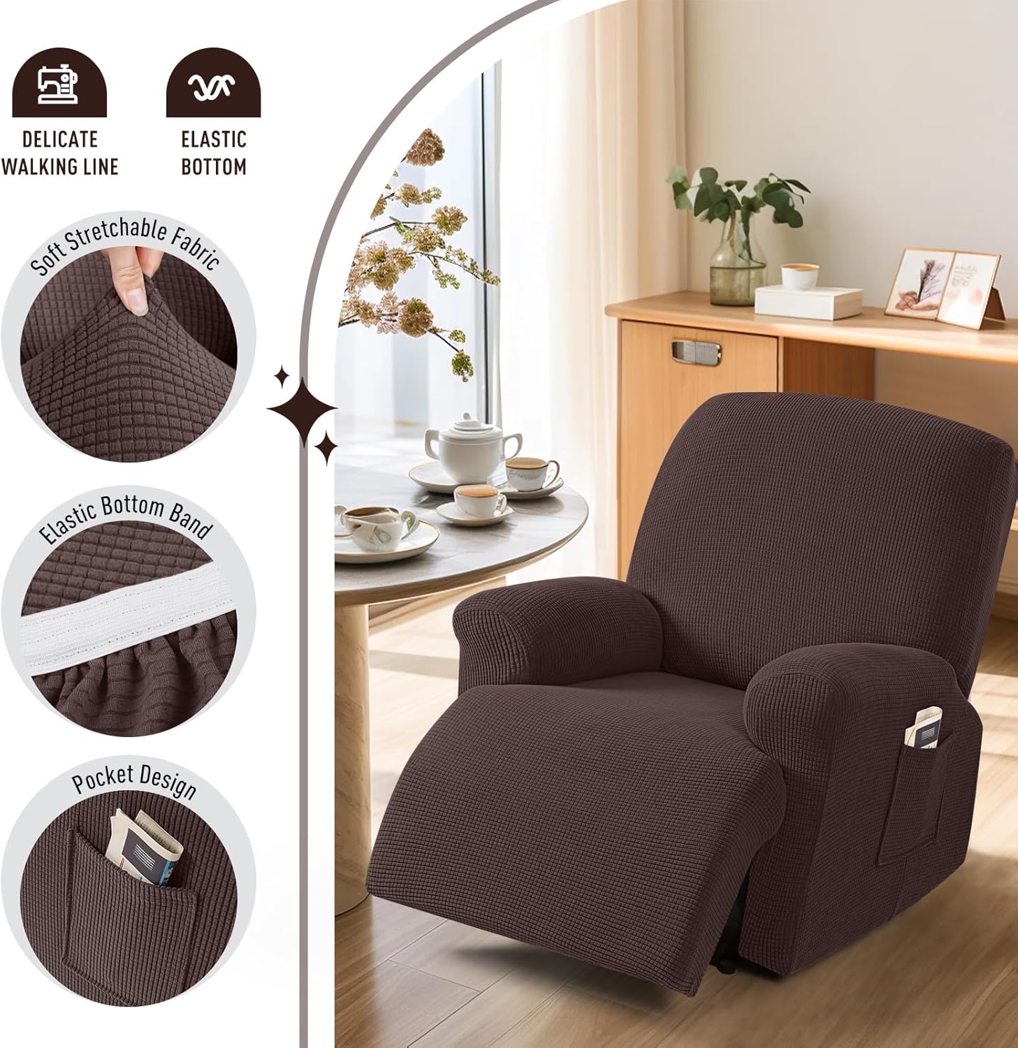 TAOCOCO Recliner Cover 4-Pieces, Recliner Stretch Sofa Slipcover, Recliner Cover 1 Seat, Couch Protector Soft, Furniture Protector Covers with Elastic,Chair Covers Jacquard Pattern (Grey)