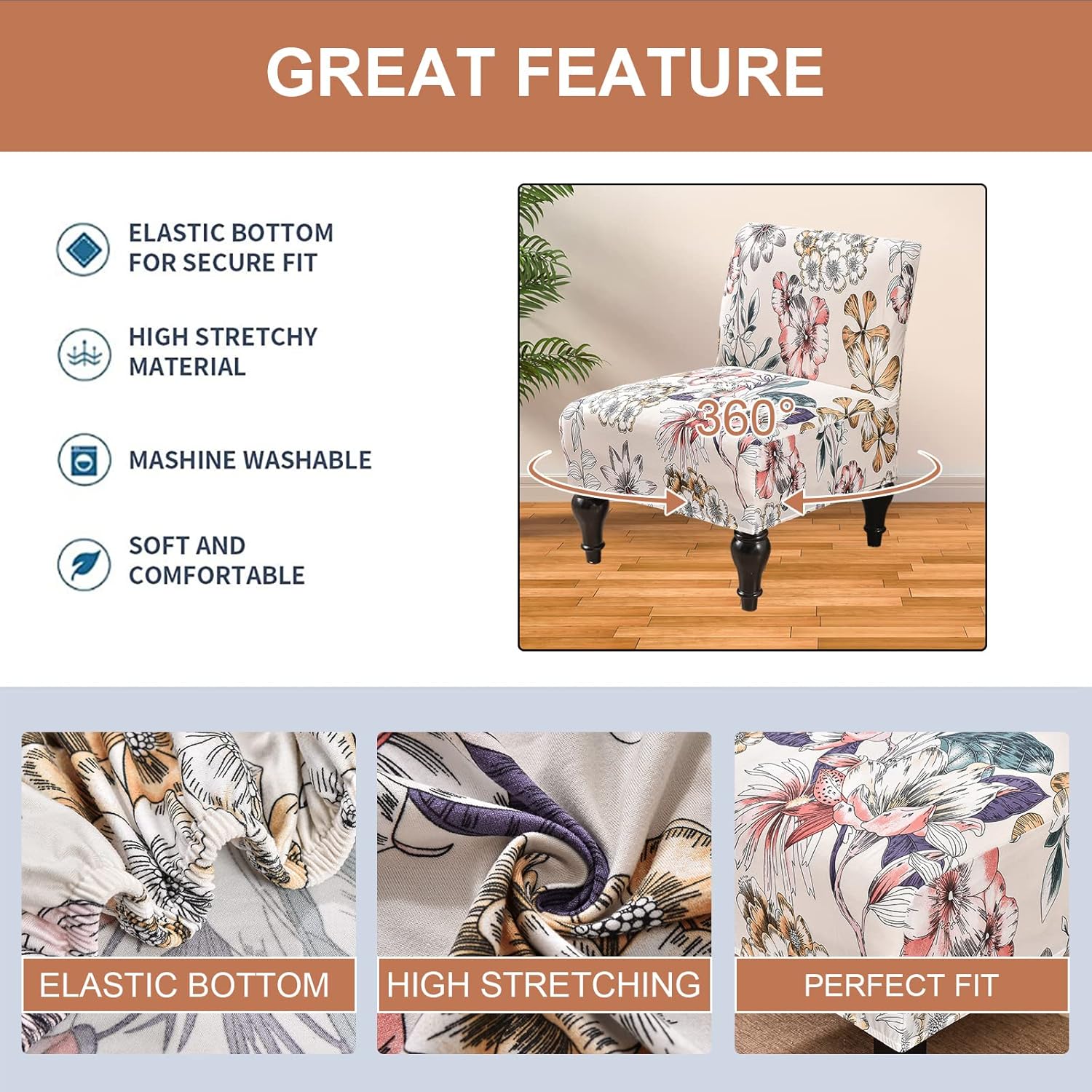 Eco-Ancheng Armless Chair Slipcover Removable Armless Accent Chairs Covers Washable Armless Slipper Chair Slipcover Printed Armless Chair Furniture Protector Covers for Living Dining Room Hotel