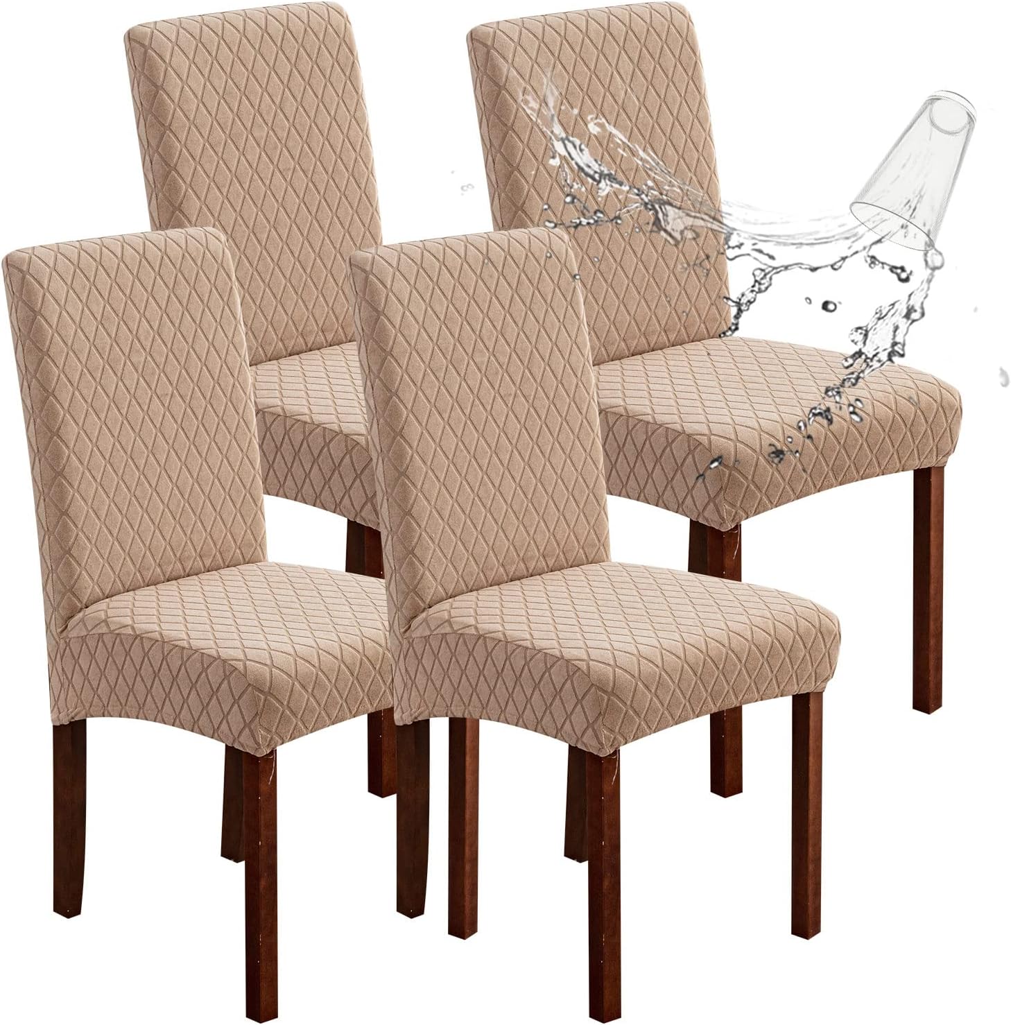 Genina 100% Waterproof Chair Covers for Dining Room Set of 4, Stretch Parson Chair Slipcovers for Kitchen Chairs, Washable Chair Protectors, Leaves-Warm Gray