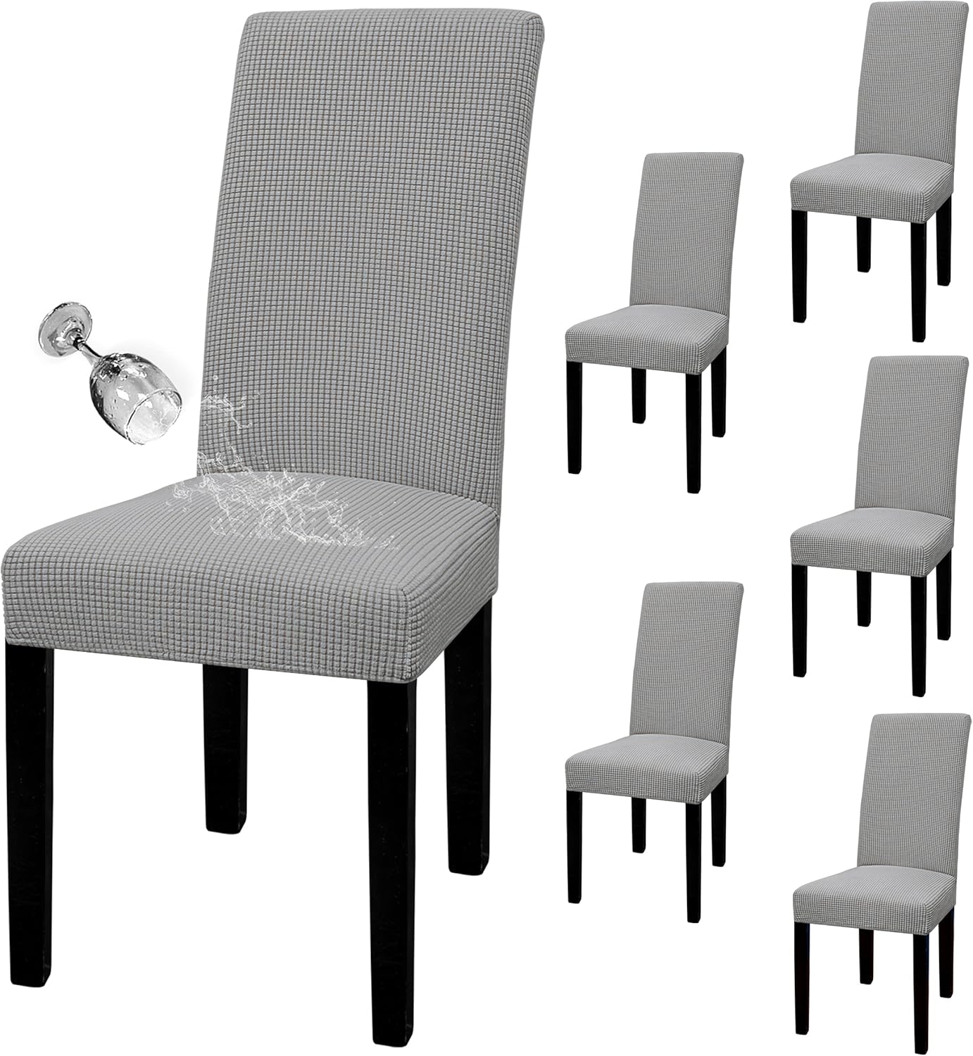Easy-Going 100% Waterproof Dining Room Chair Cover Set of 6, Stretch Jacquard Parson Chair Slipcover Removable Washable Chair Protector for Home, Restaurant, Banquet (Large, Light Gray)