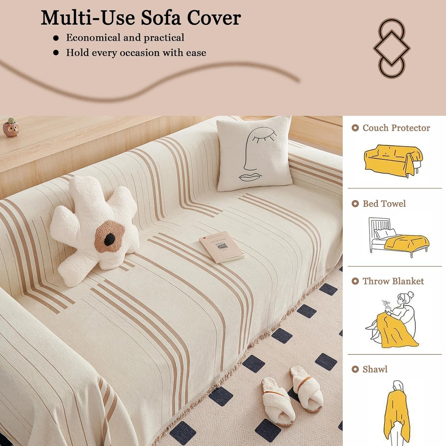 DREAMINGO Couch Cover Reversible Chenille 3 Seat Sofa Covers for Dogs Pets Beige Coffee Couch Protector for 3 Cushion Couch Sofa Vertical Stripe Jacquard Sofa Slipcover Sectional, 71"x134"