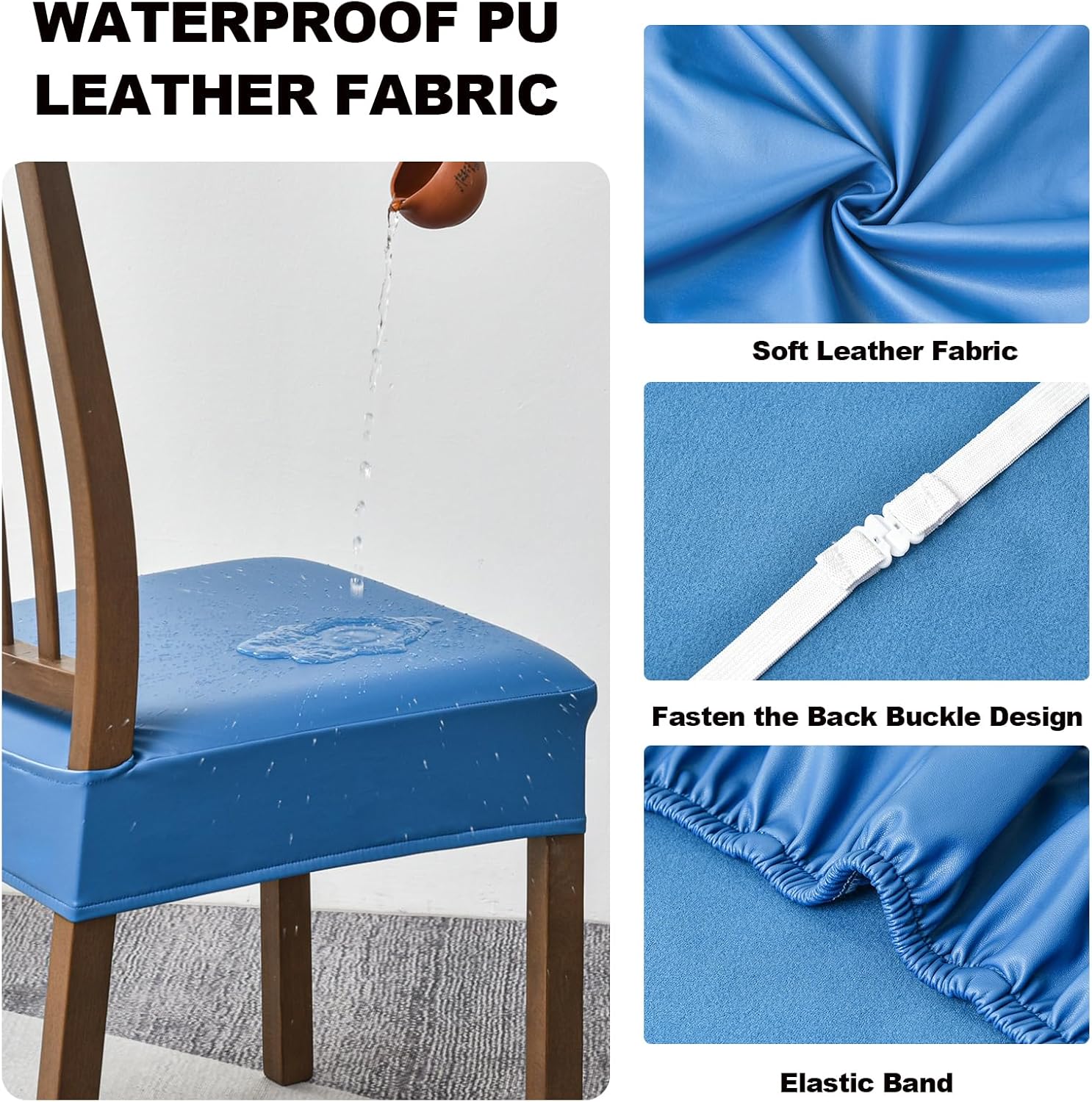 FUANGUI Dining Chair Covers Set of 4, Waterproof PU Leather Stretch Chair Seat Slipcovers Soft Removable Washable Chair Covers, Kitchen Chair Seat Covers Protectors Dining Room, PU-Black