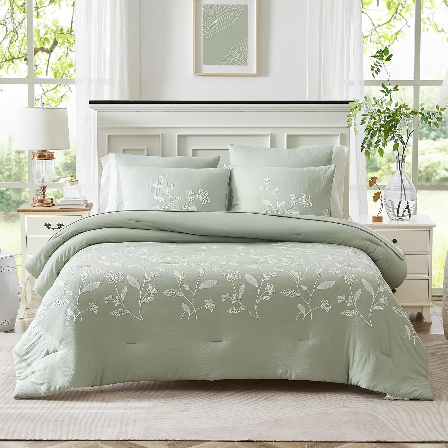 Olive Green Embroidery Comforters Set Queen Size
