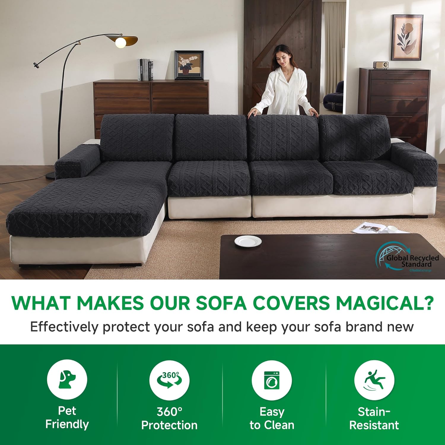 Couch Cushion Covers, Super Soft Thicker Fleece Sofa Cover Stretch Sectional Sofa Slipcover Washable Pet Friendly Anti-Slip Stain Resistant Furniture Cover for Home(1 Back Cover,Dark Gray)