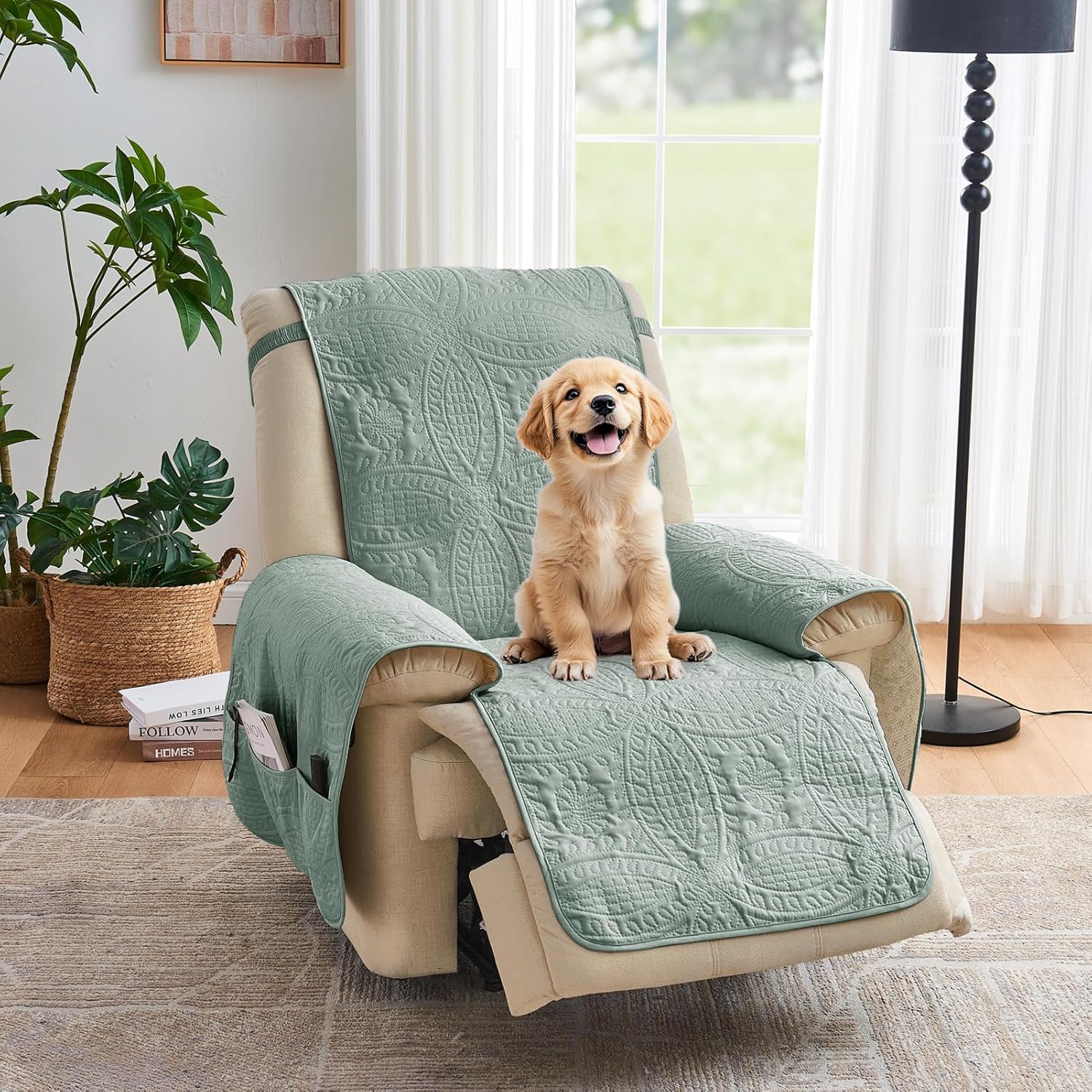 Beige Quilted Recliner Covers, Water-Repellent Recliner Slipcovers, Lazy Boy Chair Covers, Pet Friendly Recliner Cover for Dogs Cats, Washable Furniture Protector (Recliner 22", Beige Cream)