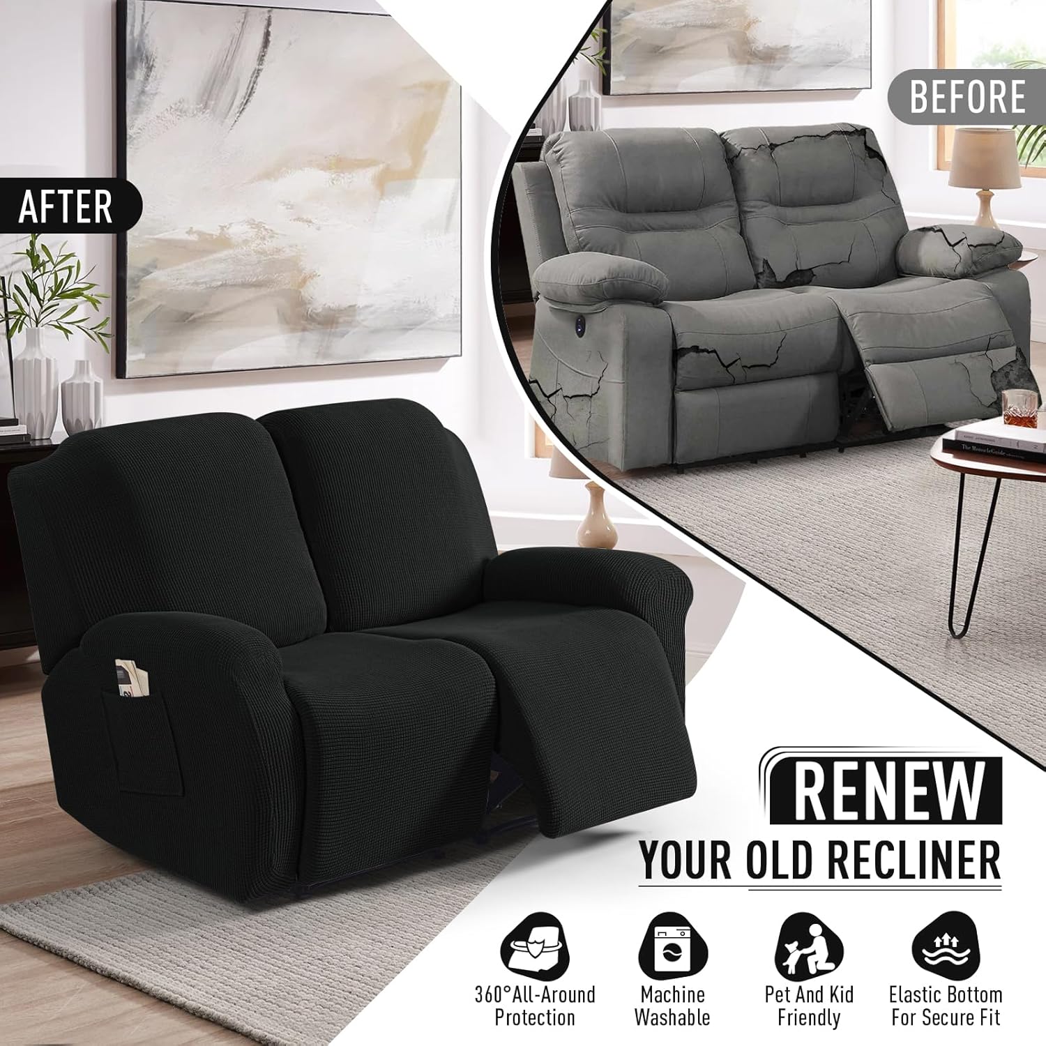 TAOCOCO Recliner Cover 4-Pieces, Recliner Stretch Sofa Slipcover, Recliner Cover 1 Seat, Couch Protector Soft, Furniture Protector Covers with Elastic,Chair Covers Jacquard Pattern (Grey)