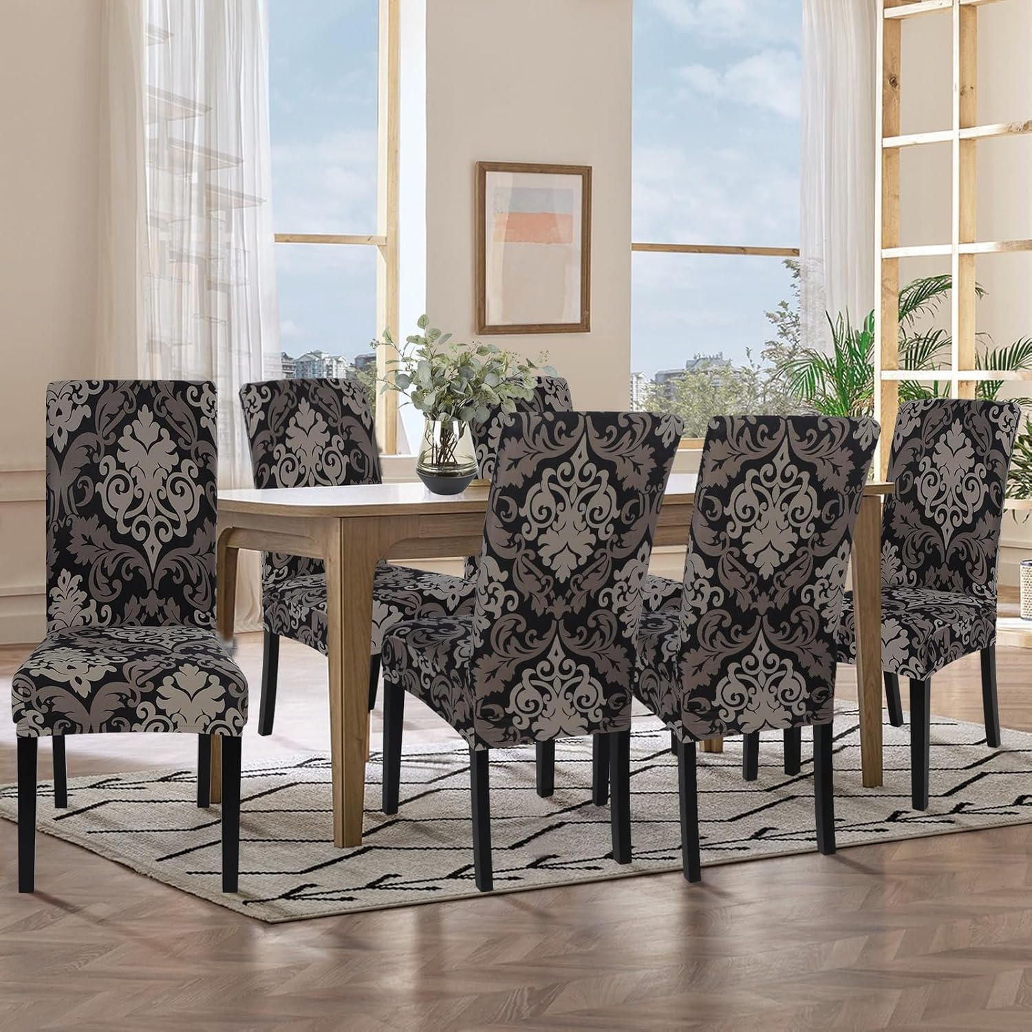 SearchI Chair Covers Slipcovers Set of 4, Spandex Super Fit Stretch Removable Washable Kitchen Parsons Protector for Dining Room,Hotel,Ceremony,Beige+Flowers