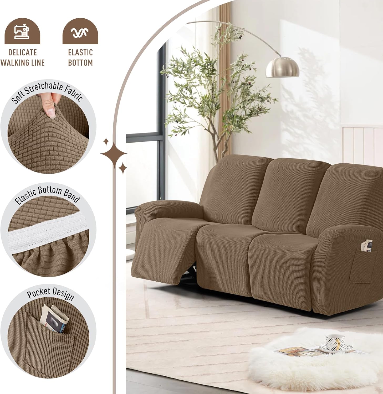 TAOCOCO Recliner Cover 4-Pieces, Recliner Stretch Sofa Slipcover, Recliner Cover 1 Seat, Couch Protector Soft, Furniture Protector Covers with Elastic,Chair Covers Jacquard Pattern (Grey)