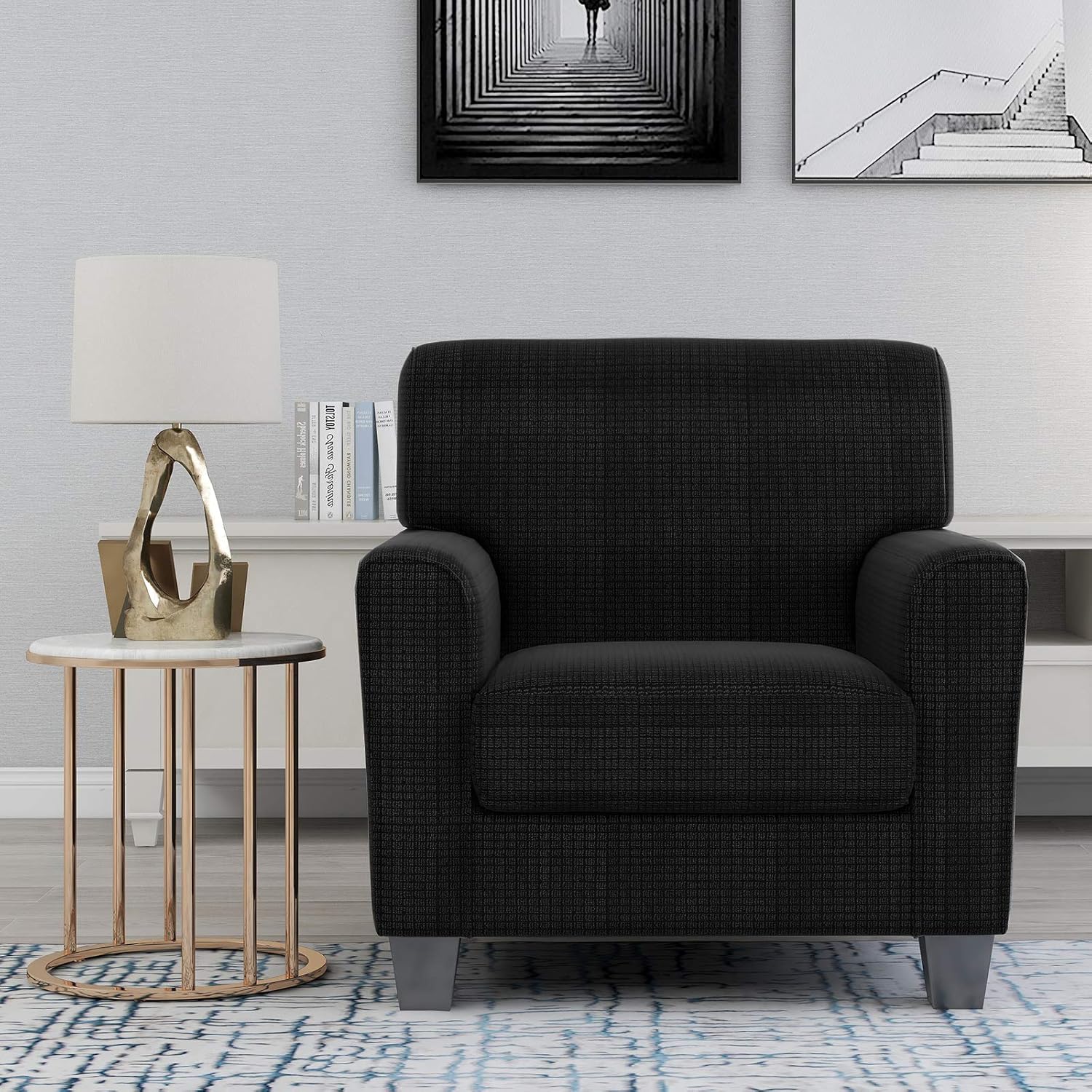 ZNSAYOTX 2 Piece Chair Covers for Living Room with Arms Anti Slip Stretch Arm Chair Slipcovers Sofa Armchair Slipcover Machine Washable Furniture Protector (Black and White, Chair)