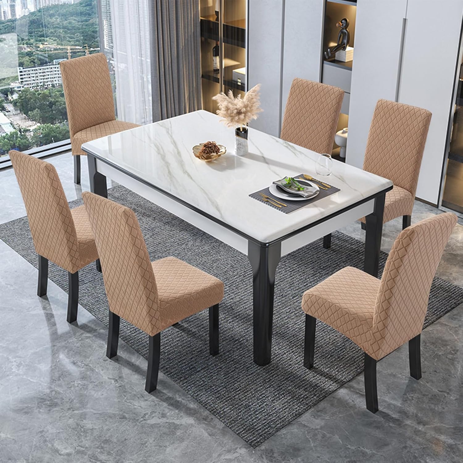 Genina 100% Waterproof Chair Covers for Dining Room Set of 4, Stretch Parson Chair Slipcovers for Kitchen Chairs, Washable Chair Protectors, Leaves-Warm Gray