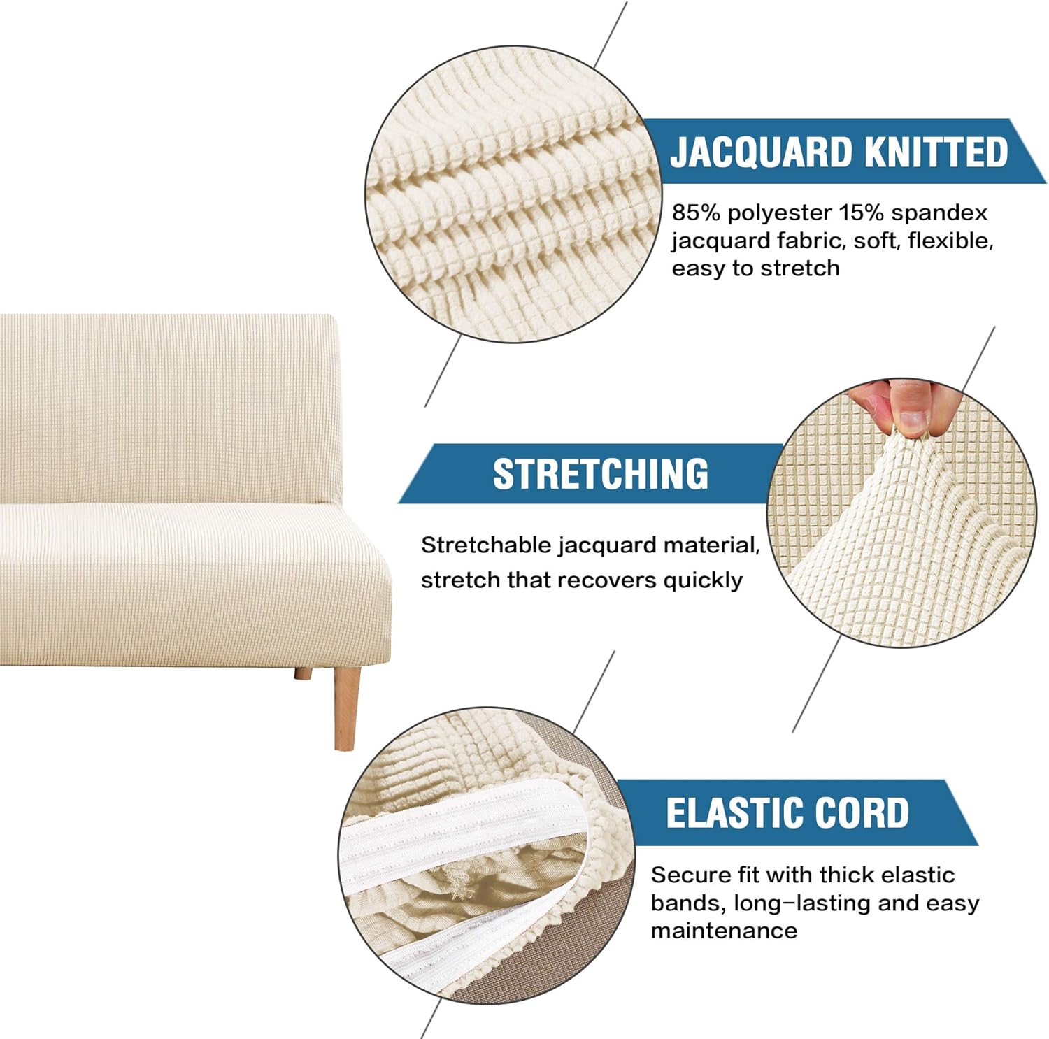 H.VERSAILTEX Armless Futon Cover Stretch Sofa Bed Slipcover Protector Elastic Feature Rich Textured High Spandex Small Checks Jacquard Fabric Futon Cover, Machine Washable, Sage