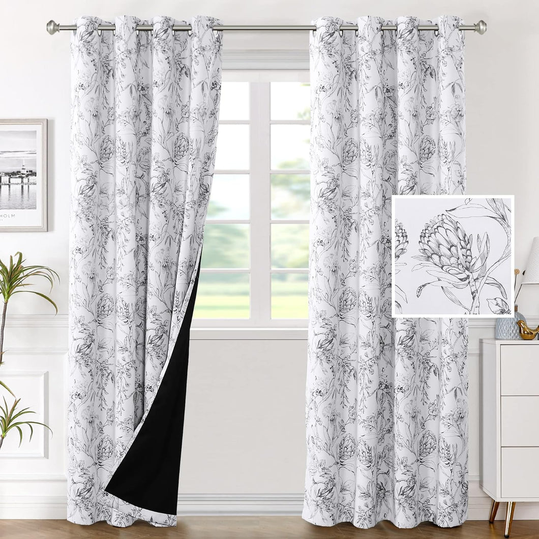 100% Blackout Curtains 84 inch Length 2 Panels Set Cattleya Floral Printed Drapes Leah Floral Thermal Curtains for Bedroom with Black Liner Sound Proof Curtains,